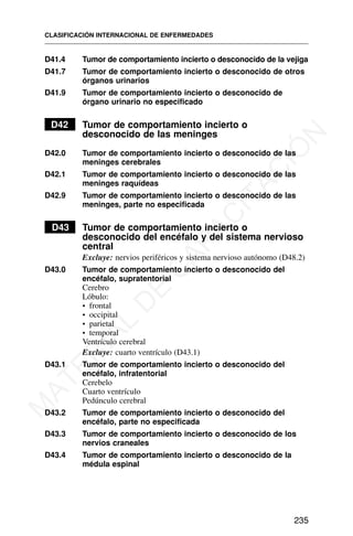 D41.4 Tumor de comportamiento incierto o desconocido de la vejiga
D41.7 Tumor de comportamiento incierto o desconocido de otros
órganos urinarios
D41.9 Tumor de comportamiento incierto o desconocido de
órgano urinario no especificado
D42 Tumor de comportamiento incierto o
desconocido de las meninges
D42.0 Tumor de comportamiento incierto o desconocido de las
meninges cerebrales
D42.1 Tumor de comportamiento incierto o desconocido de las
meninges raquídeas
D42.9 Tumor de comportamiento incierto o desconocido de las
meninges, parte no especificada
D43 Tumor de comportamiento incierto o
desconocido del encéfalo y del sistema nervioso
central
Excluye: nervios periféricos y sistema nervioso autónomo (D48.2)
D43.0 Tumor de comportamiento incierto o desconocido del
encéfalo, supratentorial
Cerebro
Lóbulo:
• frontal
• occipital
• parietal
• temporal
Ventrículo cerebral
Excluye: cuarto ventrículo (D43.1)
D43.1 Tumor de comportamiento incierto o desconocido del
encéfalo, infratentorial
Cerebelo
Cuarto ventrículo
Pedúnculo cerebral
D43.2 Tumor de comportamiento incierto o desconocido del
encéfalo, parte no especificada
D43.3 Tumor de comportamiento incierto o desconocido de los
nervios craneales
D43.4 Tumor de comportamiento incierto o desconocido de la
médula espinal
CLASIFICACIÓN INTERNACIONAL DE ENFERMEDADES
235
M
A
T
E
R
I
A
L
D
E
C
A
P
A
C
I
T
A
C
I
Ó
N
 