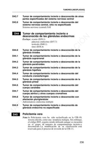 D43.7 Tumor de comportamiento incierto o desconocido de otras
partes especificadas del sistema nervioso central
D43.9 Tumor de comportamiento incierto o desconocido del
sistema nervioso central, sitio no especificado
Sistema nervioso (central) SAI
D44 Tumor de comportamiento incierto o
desconocido de las glándulas endocrinas
Excluye: ovario (D39.1)
páncreas endocrino (D37.7)
testículo (D40.1)
timo (D38.4)
D44.0 Tumor de comportamiento incierto o desconocido de la
glándula tiroides
D44.1 Tumor de comportamiento incierto o desconocido de la
glándula suprarrenal
D44.2 Tumor de comportamiento incierto o desconocido de la
glándula paratiroides
D44.3 Tumor de comportamiento incierto o desconocido de la
glándula hipófisis
D44.4 Tumor de comportamiento incierto o desconocido del
conducto craneofaríngeo
D44.5 Tumor de comportamiento incierto o desconocido de la
glándula pineal
D44.6 Tumor de comportamiento incierto o desconocido del
cuerpo carotídeo
D44.7 Tumor de comportamiento incierto o desconocido del
cuerpo aórtico y otros cuerpos cromafines
D44.8 Tumor de comportamiento incierto o desconocido con
afectación pluriglandular
Adenomatosis endocrina múltiple
D44.9 Tumor de comportamiento incierto o desconocido de
glándula endocrina no especificada
D45 Policitemia vera
la Policitemia vera ha sido reclasificada en la CIE-10,
tercera edición, como una neoplasia maligna. Sin embargo,
TUMORES [NEOPLASIAS]
236
Nota:
el código D45, seguira siendo utilizado aunque se encuentre
en el grupo de tumores de comportamiento incierto o
desconocido. La modificación de su clasificación está
reservada para el proceso de revisión de la CIE-11.
M
A
T
E
R
I
A
L
D
E
C
A
P
A
C
I
T
A
C
I
Ó
N
 