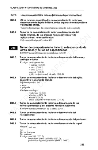 D46
D47.5 Leucemia eosinofílica crónica [síndrome hipereosinofílico]
D47.7 Otros tumores especificados de comportamiento incierto o
D47
CLASIFICACIÓN INTERNACIONAL DE ENFERMEDADES
238
desconocido del tejido linfático, de los órganos hematopoyético
y de tejidos afines.
Tumores histiocíticos de comportamiento incierto o desconocido
D47.9 Tumores de comportamiento incierto o desconocido del
tejido linfático, de los órganos hematopoyéticos y de
tejidos afines, no especificados
Enfermedad linfoproliferativa SAI
D48 Tumor de comportamiento incierto o desconocido de
otros sitios y de los no especificados
Excluye: neurofibromatosis (no maligna) (Q85.0)
D48.0 Tumor de comportamiento incierto o desconocido del hueso y
cartílago articular
Excluye: cartílago (de la):
• laringe (D38.0)
• nariz (D38.5)
• oreja (D48.1)
sinovial (D48.1)
tejido conjuntivo del párpado (D48.1)
D48.1 Tumor de comportamiento incierto o desconocido del tejido
conjuntivo y otro tejido blando
Tejido conjuntivo del:
• oído
• párpado
Excluye: cartílago:
• articular (D48.0)
• laríngeo (D38.0)
• nariz (D38.5)
tejido conjuntivo de la mama (D48.6)
D48.2 Tumor de comportamiento incierto o desconocido de los
nervios periféricos y del sistema nervioso autónomo
Excluye: nervios periféricos de la órbita (D48.7)
D48.3 Tumor de comportamiento incierto o desconocido del
retroperitoneo
D48.4 Tumor de comportamiento incierto o desconocido del peritoneo
D48.5 Tumor de comportamiento incierto o desconocido de la piel
Margen
Piel
⎫
⎬
⎭
del ano
Piel de la mama
Piel perianal
Excluye:ano SAI (D37.7)
borde libre (rojo) del labio (D37.0)
piel de los órganos genitales (D39.7, D40.7)
M
A
T
E
R
I
A
L
D
E
C
A
P
A
C
I
T
A
C
I
Ó
N
 