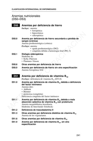 Anemias nutricionales
(D50–D53)
D50 Anemias por deficiencia de hierro
Incluye: anemia:
• ferropénica
• hipocrómica
• sideropénica
D50.0 Anemia por deficiencia de hierro secundaria a pérdida de
sangre (crónica)
Anemia posthemorrágica (crónica)
Excluye: anemia:
• aguda posthemorrágica (D62)
• congénita debida a hemorragia fetal (P61.3)
D50.1 Disfagia sideropénica
Síndrome de:
• Kelly–Paterson
• Plummer–Vinson
D50.8 Otras anemias por deficiencia de hierro
D50.9 Anemia por deficiencia de hierro sin otra especificación
Anemia ferropénica SAI
D51 Anemia por deficiencia de vitamina B12
Excluye: deficiencia de vitamina B12 (E53.8)
D51.0 Anemia por deficiencia de vitamina B12 debida a deficiencia
del factor intrínseco
Anemia (de):
• Addison
• Biermer
• perniciosa (congénita)
Deficiencia congénita del factor intrínseco
D51.1 Anemia por deficiencia de vitamina B12 debida a mala
absorción selectiva de vitamina B12 con proteinuria
Anemia megaloblástica hereditaria
Síndrome de Imerslund(–Gräsbeck)
D51.2 Deficiencia de trascobalamina II
D51.3 Otras anemias por deficiencia dietética de vitamina B12
Anemia de los vegetarianos
D51.8 Otras anemias por deficiencia de vitamina B12
D51.9 Anemia por deficiencia de vitamina B12, sin otra
especificación
CLASIFICACIÓN INTERNACIONAL DE ENFERMEDADES
241
M
A
T
E
R
I
A
L
D
E
C
A
P
A
C
I
T
A
C
I
Ó
N
 