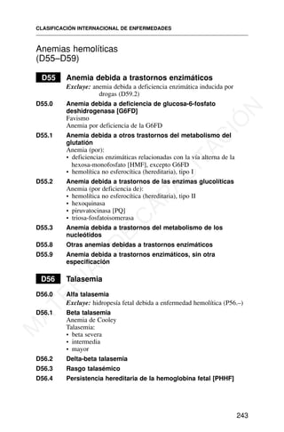 Anemias hemolíticas
(D55–D59)
D55 Anemia debida a trastornos enzimáticos
Excluye: anemia debida a deficiencia enzimática inducida por
drogas (D59.2)
D55.0 Anemia debida a deficiencia de glucosa-6-fosfato
deshidrogenasa [G6FD]
Favismo
Anemia por deficiencia de la G6FD
D55.1 Anemia debida a otros trastornos del metabolismo del
glutatión
Anemia (por):
• deficiencias enzimáticas relacionadas con la vía alterna de la
hexosa-monofosfato [HMF], excepto G6FD
• hemolítica no esferocítica (hereditaria), tipo I
D55.2 Anemia debida a trastornos de las enzimas glucolíticas
Anemia (por deficiencia de):
• hemolítica no esferocítica (hereditaria), tipo II
• hexoquinasa
• piruvatocinasa [PQ]
• triosa-fosfatoisomerasa
D55.3 Anemia debida a trastornos del metabolismo de los
nucleótidos
D55.8 Otras anemias debidas a trastornos enzimáticos
D55.9 Anemia debida a trastornos enzimáticos, sin otra
especificación
D56 Talasemia
D56.0 Alfa talasemia
Excluye: hidropesía fetal debida a enfermedad hemolítica (P56.–)
D56.1 Beta talasemia
Anemia de Cooley
Talasemia:
• beta severa
• intermedia
• mayor
D56.2 Delta-beta talasemia
D56.3 Rasgo talasémico
D56.4 Persistencia hereditaria de la hemoglobina fetal [PHHF]
CLASIFICACIÓN INTERNACIONAL DE ENFERMEDADES
243
M
A
T
E
R
I
A
L
D
E
C
A
P
A
C
I
T
A
C
I
Ó
N
 