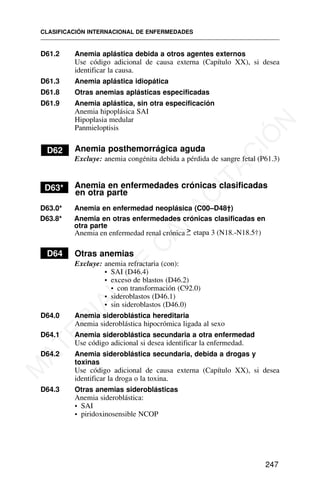 D61.2 Anemia aplástica debida a otros agentes externos
Use código adicional de causa externa (Capítulo XX), si desea
identificar la causa.
D61.3 Anemia aplástica idiopática
D61.8 Otras anemias aplásticas especificadas
D61.9 Anemia aplástica, sin otra especificación
Anemia hipoplásica SAI
Hipoplasia medular
Panmieloptisis
D62 Anemia posthemorrágica aguda
Excluye: anemia congénita debida a pérdida de sangre fetal (P61.3)
D63* Anemia en enfermedades crónicas clasificadas
en otra parte
D63.0* Anemia en enfermedad neoplásica (C00–D48†)
D63.8* Anemia en otras enfermedades crónicas clasificadas en
otra parte
D64 Otras anemias
Excluye: anemia refractaria (con):
• SAI (D46.4)
• exceso de blastos (D46.2)
• con transformación (C92.0)
• sideroblastos (D46.1)
• sin sideroblastos (D46.0)
D64.0 Anemia sideroblástica hereditaria
Anemia sideroblástica hipocrómica ligada al sexo
D64.1 Anemia sideroblástica secundaria a otra enfermedad
Use código adicional si desea identificar la enfermedad.
D64.2 Anemia sideroblástica secundaria, debida a drogas y
toxinas
Use código adicional de causa externa (Capítulo XX), si desea
identificar la droga o la toxina.
D64.3 Otras anemias sideroblásticas
Anemia sideroblástica:
• SAI
• piridoxinosensible NCOP
CLASIFICACIÓN INTERNACIONAL DE ENFERMEDADES
247
Anemia en enfermedad renal crónica > etapa 3 (N18.-N18.5†)
M
A
T
E
R
I
A
L
D
E
C
A
P
A
C
I
T
A
C
I
Ó
N
 