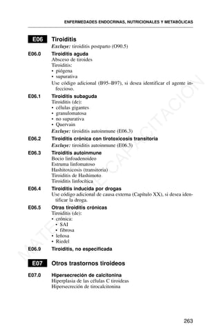 E06 Tiroiditis
Excluye: tiroiditis postparto (O90.5)
E06.0 Tiroiditis aguda
Absceso de tiroides
Tiroiditis:
• piógena
• supurativa
Use código adicional (B95–B97), si desea identificar el agente in-
feccioso.
E06.1 Tiroiditis subaguda
Tiroiditis (de):
• células gigantes
• granulomatosa
• no supurativa
• Quervain
Excluye: tiroiditis autoinmune (E06.3)
E06.2 Tiroiditis crónica con tirotoxicosis transitoria
Excluye: tiroiditis autoinmune (E06.3)
E06.3 Tiroiditis autoinmune
Bocio linfoadenoideo
Estruma linfomatoso
Hashitoxicosis (transitoria)
Tiroiditis de Hashimoto
Tiroiditis linfocítica
E06.4 Tiroiditis inducida por drogas
Use código adicional de causa externa (Capítulo XX), si desea iden-
tificar la droga.
E06.5 Otras tiroiditis crónicas
Tiroiditis (de):
• crónica:
• SAI
• fibrosa
• leñosa
• Riedel
E06.9 Tiroiditis, no especificada
E07 Otros trastornos tiroideos
E07.0 Hipersecreción de calcitonina
Hiperplasia de las células C tiroideas
Hipersecreción de tirocalcitonina
ENFERMEDADES ENDOCRINAS, NUTRICIONALES Y METABÓLICAS
263
M
A
T
E
R
I
A
L
D
E
C
A
P
A
C
I
T
A
C
I
Ó
N
 