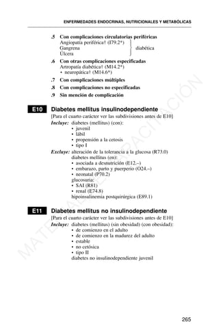 .5 Con complicaciones circulatorias periféricas
Angiopatía periférica† (I79.2*)
Gangrena diabética
Úlcera
.6 Con otras complicaciones especificadas
Artropatía diabética† (M14.2*)
• neuropática† (M14.6*)
.7 Con complicaciones múltiples
.8 Con complicaciones no especificadas
.9 Sin mención de complicación
E10 Diabetes mellitus insulinodependiente
[Para el cuarto carácter ver las subdivisiones antes de E10]
Incluye: diabetes (mellitus) (con):
• juvenil
• lábil
• propensión a la cetosis
• tipo I
Excluye: alteración de la tolerancia a la glucosa (R73.0)
diabetes mellitus (en):
• asociada a desnutrición (E12.–)
• embarazo, parto y puerperio (O24.–)
• neonatal (P70.2)
glucosuria:
• SAI (R81)
• renal (E74.8)
hipoinsulinemia postquirúrgica (E89.1)
E11 Diabetes mellitus no insulinodependiente
[Para el cuarto carácter ver las subdivisiones antes de E10]
Incluye: diabetes (mellitus) (sin obesidad) (con obesidad):
• de comienzo en el adulto
• de comienzo en la madurez del adulto
• estable
• no cetósica
• tipo II
diabetes no insulinodependiente juvenil
ENFERMEDADES ENDOCRINAS, NUTRICIONALES Y METABÓLICAS
265
⎫
⎪
⎬
⎪
⎭
M
A
T
E
R
I
A
L
D
E
C
A
P
A
C
I
T
A
C
I
Ó
N
 