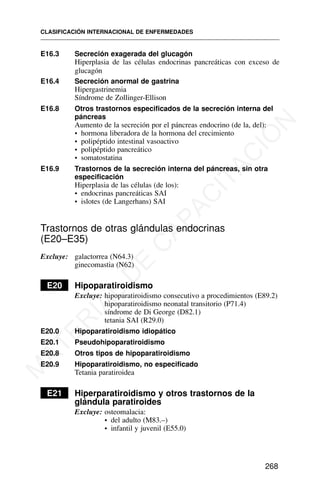 E16.3 Secreción exagerada del glucagón
Hiperplasia de las células endocrinas pancreáticas con exceso de
glucagón
E16.4 Secreción anormal de gastrina
Hipergastrinemia
Síndrome de Zollinger-Ellison
E16.8 Otros trastornos especificados de la secreción interna del
páncreas
Aumento de la secreción por el páncreas endocrino (de la, del):
• hormona liberadora de la hormona del crecimiento
• polipéptido intestinal vasoactivo
• polipéptido pancreático
• somatostatina
E16.9 Trastornos de la secreción interna del páncreas, sin otra
especificación
Hiperplasia de las células (de los):
• endocrinas pancreáticas SAI
• islotes (de Langerhans) SAI
Trastornos de otras glándulas endocrinas
(E20–E35)
Excluye: galactorrea (N64.3)
ginecomastia (N62)
E20 Hipoparatiroidismo
Excluye: hipoparatiroidismo consecutivo a procedimientos (E89.2)
hipoparatiroidismo neonatal transitorio (P71.4)
síndrome de Di George (D82.1)
tetania SAI (R29.0)
E20.0 Hipoparatiroidismo idiopático
E20.1 Pseudohipoparatiroidismo
E20.8 Otros tipos de hipoparatiroidismo
E20.9 Hipoparatiroidismo, no especificado
Tetania paratiroidea
E21 Hiperparatiroidismo y otros trastornos de la
glándula paratiroides
Excluye: osteomalacia:
• del adulto (M83.–)
• infantil y juvenil (E55.0)
CLASIFICACIÓN INTERNACIONAL DE ENFERMEDADES
268
M
A
T
E
R
I
A
L
D
E
C
A
P
A
C
I
T
A
C
I
Ó
N
 