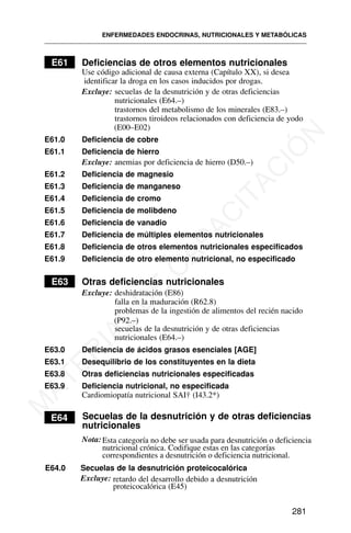 E61 Deficiencias de otros elementos nutricionales
Use código adicional de causa externa (Capítulo XX), si desea
identificar la droga en los casos inducidos por drogas.
Excluye: secuelas de la desnutrición y de otras deficiencias
nutricionales (E64.–)
trastornos del metabolismo de los minerales (E83.–)
trastornos tiroideos relacionados con deficiencia de yodo
(E00–E02)
E61.0 Deficiencia de cobre
E61.1 Deficiencia de hierro
Excluye: anemias por deficiencia de hierro (D50.–)
E61.2 Deficiencia de magnesio
E61.3 Deficiencia de manganeso
E61.4 Deficiencia de cromo
E61.5 Deficiencia de molibdeno
E61.6 Deficiencia de vanadio
E61.7 Deficiencia de múltiples elementos nutricionales
E61.8 Deficiencia de otros elementos nutricionales especificados
E61.9 Deficiencia de otro elemento nutricional, no especificado
E63 Otras deficiencias nutricionales
Excluye: deshidratación (E86)
falla en la maduración (R62.8)
problemas de la ingestión de alimentos del recién nacido
(P92.–)
secuelas de la desnutrición y de otras deficiencias
nutricionales (E64.–)
E63.0 Deficiencia de ácidos grasos esenciales [AGE]
E63.1 Desequilibrio de los constituyentes en la dieta
E63.8 Otras deficiencias nutricionales especificadas
E63.9 Deficiencia nutricional, no especificada
Cardiomiopatía nutricional SAI† (I43.2*)
E64 Secuelas de la desnutrición y de otras deficiencias
nutricionales
E64.0 Secuelas de la desnutrición proteicocalórica
Excluye: retardo del desarrollo debido a desnutrición
proteicocalórica (E45)
ENFERMEDADES ENDOCRINAS, NUTRICIONALES Y METABÓLICAS
281
Nota: Esta categoría no debe ser usada para desnutrición o deficiencia
nutricional crónica. Codifique estas en las categorías
correspondientes a desnutrición o deficiencia nutricional.
M
A
T
E
R
I
A
L
D
E
C
A
P
A
C
I
T
A
C
I
Ó
N
 
