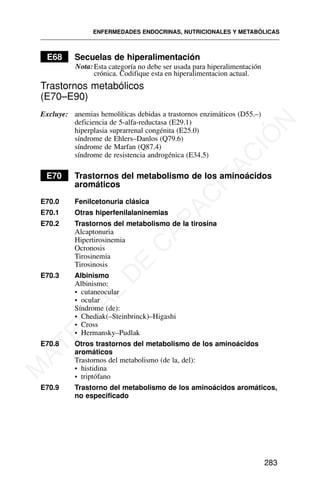 E68 Secuelas de hiperalimentación
Trastornos metabólicos
(E70–E90)
Excluye: anemias hemolíticas debidas a trastornos enzimáticos (D55.–)
deficiencia de 5-alfa-reductasa (E29.1)
hiperplasia suprarrenal congénita (E25.0)
síndrome de Ehlers–Danlos (Q79.6)
síndrome de Marfan (Q87.4)
síndrome de resistencia androgénica (E34.5)
E70 Trastornos del metabolismo de los aminoácidos
aromáticos
E70.0 Fenilcetonuria clásica
E70.1 Otras hiperfenilalaninemias
E70.2 Trastornos del metabolismo de la tirosina
Alcaptonuria
Hipertirosinemia
Ocronosis
Tirosinemia
Tirosinosis
E70.3 Albinismo
Albinismo:
• cutaneocular
• ocular
Síndrome (de):
• Chediak(–Steinbrinck)–Higashi
• Cross
• Hermansky–Pudlak
E70.8 Otros trastornos del metabolismo de los aminoácidos
aromáticos
Trastornos del metabolismo (de la, del):
• histidina
• triptófano
E70.9 Trastorno del metabolismo de los aminoácidos aromáticos,
no especificado
ENFERMEDADES ENDOCRINAS, NUTRICIONALES Y METABÓLICAS
283
Nota:Esta categoría no debe ser usada para hiperalimentación
crónica. Codifique esta en hiperalimentacion actual.
M
A
T
E
R
I
A
L
D
E
C
A
P
A
C
I
T
A
C
I
Ó
N
 