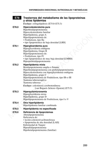E78 Trastornos del metabolismo de las lipoproteínas
y otras lipidemias
Excluye: esfingolipidosis (E75.0–E75.3)
E78.0 Hipercolesterolemia pura
Hiperbetalipoproteinemia
Hipercolesterolemia familiar
Hiperlipidemia, grupo A
Hiperlipoproteinemia de:
• Fredrickson, tipo IIa
• tipo lipoproteínico de baja densidad [LBD]
E78.1 Hipergliceridemia pura
Hipergliceridemia endógena
Hiperlipidemia, Grupo B
Hiperlipoproteinemia de:
• Fredrickson, tipo IV
• tipo lipoproteínico de muy baja densidad [LMBD]
Hiperprebetalipoproteinemia
E78.2 Hiperlipidemia mixta
Betalipoproteinemia amplia o flotante
Hiperbetalipoproteinemia con prebetalipoproteinemia
Hipercolesterolemia con hipergliceridemia endógena
Hiperlipidemia, grupo C
Hiperlipoproteinemia de Fredrickson, tipo IIb o III
Xantoma tuberoeruptivo
Xantoma tuberoso
Excluye: colesterosis cerebrotendinosa
[van Bogaert–Scherer–Epstein] (E75.5)
E78.3 Hiperquilomicronemia
Hipergliceridemia mixta
Hiperlipidemia, grupo D
Hiperlipoproteinemia de Fredrickson, tipo I o V
E78.4 Otra hiperlipidemia
Hiperlipidemia familiar combinada
E78.5 Hiperlipidemia no especificada
E78.6 Deficiencia de lipoproteínas
Abetalipoproteinemia
Deficiencia de:
• lecitin-colesterol-aciltransferasa
• lipoproteína de alta densidad [LAD]
Enfermedad de Tangier
Hipoalfalipoproteinemia
Hipobetalipoproteinemia (familiar)
ENFERMEDADES ENDOCRINAS, NUTRICIONALES Y METABÓLICAS
289
M
A
T
E
R
I
A
L
D
E
C
A
P
A
C
I
T
A
C
I
Ó
N
 