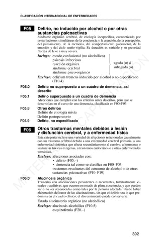 F05 Delirio, no inducido por alcohol o por otras
sustancias psicoactivas
Síndrome orgánico cerebral, de etiología inespecífica, caracterizado por
perturbaciones simultáneas de la conciencia y la atención, de la percepción,
del pensamiento, de la memoria, del comportamiento psicomotor, de la
emoción y del ciclo sueño-vigilia. Su duración es variable y su gravedad
fluctúa de leve a muy severa.
Incluye: estado confusional (no alcohólico)
psicosis infecciosa
reacción orgánica
síndrome cerebral
síndrome psico-orgánico
Excluye: delirium tremens inducido por alcohol o no especificado
(F10.4)
F05.0 Delirio no superpuesto a un cuadro de demencia, así
descrito
F05.1 Delirio superpuesto a un cuadro de demencia
Afecciones que cumplen con los criterios antes descritos, pero que se
desarrollan en el curso de una demencia, clasificada en F00–F03
F05.8 Otros delirios
Delirio de etiología mixta
F05.9 Delirio, no especificado
F06 Otros trastornos mentales debidos a lesión
y disfunción cerebral, y a enfermedad física
Esta categoría incluye una variedad de afecciones relacionadas causalmente
con un trastorno cerebral debido a una enfermedad cerebral primaria, a una
enfermedad sistémica que afecta secundariamente al cerebro, a hormonas o
sustancias tóxicas exógenas, a trastornos endocrinos o a otras enfermedades
somáticas.
Excluye: afecciones asociadas con:
• delirio (F05.–)
• demencia tal como se clasifica en F00–F03
trastornos resultantes del consumo de alcohol o de otras
sustancias psicoactivas (F10–F19)
F06.0 Alucinosis orgánica
Trastorno con alucinaciones persistentes o recurrentes, habitualmente vi-
suales o auditivas, que ocurren en estado de plena conciencia, y que pueden
ser o no ser reconocidas como tales por la persona afectada. Puede haber
elaboración delirante de las alucinaciones, sin que el delirio sea lo que pre-
domina en el cuadro clínico; el discernimiento puede conservarse.
Estado alucinatorio orgánico (no alcohólico)
Excluye: alucinosis alcohólica (F10.5)
esquizofrenia (F20.–)
CLASIFICACIÓN INTERNACIONAL DE ENFERMEDADES
302
⎫
⎪
⎪
⎬
⎪
⎪
⎭
aguda (o) ó
subaguda (o)
Delirio postoperatorio
M
A
T
E
R
I
A
L
D
E
C
A
P
A
C
I
T
A
C
I
Ó
N
 