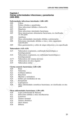 Capítulo I
Ciertas enfermedades infecciosas y parasitarias
(A00–B99)
Enfermedades infecciosas intestinales (A00–A09)
A00 Cólera
A01 Fiebres tifoidea y paratifoidea
A02 Otras infecciones debidas a Salmonella
A03 Shigelosis
A04 Otras infecciones intestinales bacterianas
A05 Otras intoxicaciones alimentarias bacterianas, no clasificadas
en otra parte
A06 Amebiasis
A07 Otras enfermedades intestinales debidas a protozoarios
A08 Infecciones intestinales debidas a virus y otros organismos
especificados
A09 Otras gastroenteritis y colitis de origen infeccioso y no especificado
Tuberculosis (A15–A19)
A15 Tuberculosis respiratoria, confirmada bacteriológica e
histológicamente
A16 Tuberculosis respiratoria, no confirmada bacteriológica o
histológicamente
A17† Tuberculosis del sistema nervioso
A18 Tuberculosis de otros órganos
A19 Tuberculosis miliar
Ciertas zoonosis bacterianas (A20–A28)
A20 Peste
A21 Tularemia
A22 Carbunco [ántrax]
A23 Brucelosis
A24 Muermo y melioidosis
A25 Fiebres por mordedura de rata
A26 Erisipeloide
A27 Leptospirosis
A28 Otras enfermedades zoonóticas bacterianas, no clasificadas en otra
parte
Otras enfermedades bacterianas (A30–A49)
A30 Lepra [enfermedad de Hansen]
A31 Infecciones debidas a otras micobacterias
A32 Listeriosis
A33 Tétanos neonatal
A34 Tétanos obstétrico
A35 Otros tétanos
A36 Difteria
LISTA DE TRES CARACTERES
31
M
A
T
E
R
I
A
L
D
E
C
A
P
A
C
I
T
A
C
I
Ó
N
 