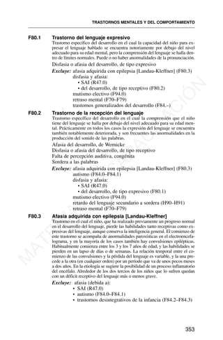 F80.1 Trastorno del lenguaje expresivo
Trastorno específico del desarrollo en el cual la capacidad del niño para ex-
presar el lenguaje hablado se encuentra notoriamente por debajo del nivel
adecuado para su edad mental, pero la comprensión del lenguaje se halla den-
tro de límites normales. Puede o no haber anormalidades de la pronunciación.
Disfasia o afasia del desarrollo, de tipo expresivo
Excluye: afasia adquirida con epilepsia [Landau-Kleffner] (F80.3)
disfasia y afasia:
• SAI (R47.0)
• del desarrollo, de tipo receptivo (F80.2)
mutismo electivo (F94.0)
retraso mental (F70–F79)
trastornos generalizados del desarrollo (F84.–)
F80.2 Trastorno de la recepción del lenguaje
Trastorno específico del desarrollo en el cual la comprensión que el niño
tiene del lenguaje se halla por debajo del nivel adecuado para su edad men-
tal. Prácticamente en todos los casos la expresión del lenguaje se encuentra
también notablemente deteriorada, y son frecuentes las anormalidades en la
producción del sonido de las palabras.
Afasia del desarrollo, de Wernicke
Disfasia o afasia del desarrollo, de tipo receptivo
Falta de percepción auditiva, congénita
Sordera a las palabras
Excluye: afasia adquirida con epilepsia [Landau-Kleffner] (F80.3)
autismo (F84.0–F84.1)
disfasia y afasia:
• SAI (R47.0)
• del desarrollo, de tipo expresivo (F80.1)
mutismo electivo (F94.0)
retardo del lenguaje secundario a sordera (H90–H91)
retraso mental (F70–F79)
F80.3 Afasia adquirida con epilepsia [Landau-Kleffner]
Trastorno en el cual el niño, que ha realizado previamente un progreso normal
en el desarrollo del lenguaje, pierde las habilidades tanto receptivas como ex-
presivas del lenguaje, aunque conserva la inteligencia general. El comienzo de
este trastorno se acompaña de anormalidades paroxísticas en el electroencefa-
lograma, y en la mayoría de los casos también hay convulsiones epilépticas.
Habitualmente comienza entre los 3 y los 7 años de edad, y las habilidades se
pierden en un lapso de días o de semanas. La relación temporal entre el co-
mienzo de las convulsiones y la pérdida del lenguaje es variable, y la una pre-
cede a la otra (en cualquier orden) por un período que va de unos pocos meses
a dos años. En la etiología se sugiere la posibilidad de un proceso inflamatorio
del encéfalo. Alrededor de los dos tercios de los niños que lo sufren quedan
con un déficit receptivo del lenguaje más o menos grave.
Excluye: afasia (debida a):
• SAI (R47.0)
• autismo (F84.0–F84.1)
• trastornos desintegrativos de la infancia (F84.2–F84.3)
TRASTORNOS MENTALES Y DEL COMPORTAMIENTO
353
M
A
T
E
R
I
A
L
D
E
C
A
P
A
C
I
T
A
C
I
Ó
N
 