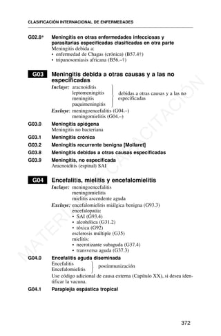 G02.8* Meningitis en otras enfermedades infecciosas y
parasitarias especificadas clasificadas en otra parte
Meningitis debida a:
• enfermedad de Chagas (crónica) (B57.4†)
• tripanosomiasis africana (B56.–†)
G03 Meningitis debida a otras causas y a las no
especificadas
Incluye: aracnoiditis
leptomeningitis
meningitis
paquimeningitis
Excluye: meningoencefalitis (G04.–)
meningomielitis (G04.–)
G03.0 Meningitis apiógena
Meningitis no bacteriana
G03.1 Meningitis crónica
G03.2 Meningitis recurrente benigna [Mollaret]
G03.8 Meningitis debidas a otras causas especificadas
G03.9 Meningitis, no especificada
Aracnoiditis (espinal) SAI
G04 Encefalitis, mielitis y encefalomielitis
Incluye: meningoencefalitis
meningomielitis
mielitis ascendente aguda
Excluye: encefalomielitis miálgica benigna (G93.3)
encefalopatía:
• SAI (G93.4)
• alcohólica (G31.2)
• tóxica (G92)
esclerosis múltiple (G35)
mielitis:
• necrotizante subaguda (G37.4)
• transversa aguda (G37.3)
G04.0 Encefalitis aguda diseminada
Encefalitis postinmunización
Encefalomielitis
Use código adicional de causa externa (Capítulo XX), si desea iden-
tificar la vacuna.
G04.1 Paraplejía espástica tropical
CLASIFICACIÓN INTERNACIONAL DE ENFERMEDADES
372
debidas a otras causas y a las no
especificadas
⎫
⎪
⎬
⎪
⎭
⎫
⎬
⎭
M
A
T
E
R
I
A
L
D
E
C
A
P
A
C
I
T
A
C
I
Ó
N
 