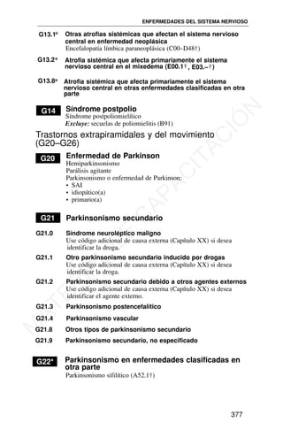 G13.1* Otras atrofias sistémicas que afectan el sistema nervioso
central en enfermedad neoplásica
Encefalopatía límbica paraneoplásica (C00–D48†)
G13.2* Atrofia sistémica que afecta primariamente el sistema
nervioso central en el mixedema (E00.1†, E03.–†)
G13.8* Atrofia sistémica que afecta primariamente el sistema
nervioso central en otras enfermedades clasificadas en otra
parte
Trastornos extrapiramidales y del movimiento
(G20–G26)
G20 Enfermedad de Parkinson
Hemiparkinsonismo
Parálisis agitante
Parkinsonismo o enfermedad de Parkinson:
• SAI
• idiopático(a)
• primario(a)
G21 Parkinsonismo secundario
G21.0 Síndrome neuroléptico maligno
Use código adicional de causa externa (Capítulo XX) si desea
identificar la droga.
G21.1 Otro parkinsonismo secundario inducido por drogas
Use código adicional de causa externa (Capítulo XX) si desea
identificar la droga.
G21.2 Parkinsonismo secundario debido a otros agentes externos
Use código adicional de causa externa (Capítulo XX) si desea
identificar el agente externo.
G21.3 Parkinsonismo postencefalítico
G21.8 Otros tipos de parkinsonismo secundario
G21.9 Parkinsonismo secundario, no especificado
G22* Parkinsonismo en enfermedades clasificadas en
otra parte
Parkinsonismo sifilítico (A52.1†)
ENFERMEDADES DEL SISTEMA NERVIOSO
377
G14 Síndrome postpolio
Síndrome postpoliomielítico
secuelas de poliomielitis (B91)
Excluye:
G21.4 Parkinsonismo vascular
M
A
T
E
R
I
A
L
D
E
C
A
P
A
C
I
T
A
C
I
Ó
N
 