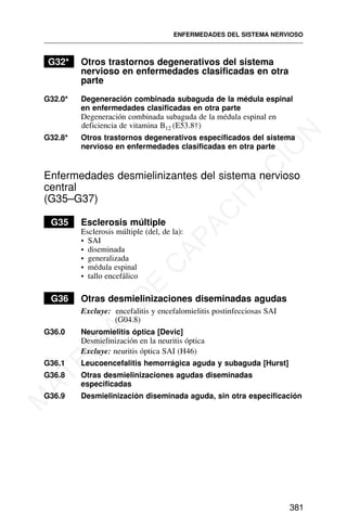 G32* Otros trastornos degenerativos del sistema
nervioso en enfermedades clasificadas en otra
parte
G32.0* Degeneración combinada subaguda de la médula espinal
en enfermedades clasificadas en otra parte
Degeneración combinada subaguda de la médula espinal en
deficiencia de vitamina B12 (E53.8†)
G32.8* Otros trastornos degenerativos especificados del sistema
nervioso en enfermedades clasificadas en otra parte
Enfermedades desmielinizantes del sistema nervioso
central
(G35–G37)
G35 Esclerosis múltiple
Esclerosis múltiple (del, de la):
• SAI
• diseminada
• generalizada
• médula espinal
• tallo encefálico
G36 Otras desmielinizaciones diseminadas agudas
Excluye: encefalitis y encefalomielitis postinfecciosas SAI
(G04.8)
G36.0 Neuromielitis óptica [Devic]
Desmielinización en la neuritis óptica
Excluye: neuritis óptica SAI (H46)
G36.1 Leucoencefalitis hemorrágica aguda y subaguda [Hurst]
G36.8 Otras desmielinizaciones agudas diseminadas
especificadas
G36.9 Desmielinización diseminada aguda, sin otra especificación
ENFERMEDADES DEL SISTEMA NERVIOSO
381
M
A
T
E
R
I
A
L
D
E
C
A
P
A
C
I
T
A
C
I
Ó
N
 
