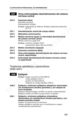 G37 Otras enfermedades desmielinizantes del sistema
nervioso central
G37.0 Esclerosis difusa
Encefalitis periaxial
Enfermedad de Schilder
Excluye: enfermedad de Addison–Schilder [adrenoleucodistrofia]
(E71.3)
G37.1 Desmielinización central del cuerpo calloso
G37.2 Mielinólisis central pontina
G37.3 Mielitis transversa aguda en enfermedad desmielinizante
del sistema nervioso central
Mielitis transversa aguda SAI
Excluye: esclerosis múltiple (G35)
neuromielitis óptica [Devic] (G36.0)
G37.4 Mielitis necrotizante subaguda
G37.5 Esclerosis concéntrica [Baló]
G37.8 Otras enfermedades desmielinizantes del sistema nervioso
central, especificadas
G37.9 Enfermedad desmielinizante del sistema nervioso central,
no especificada
Trastornos episódicos y paroxísticos
(G40–G47)
G40 Epilepsia
Excluye: ataque (convulsivo) SAI (R56.8)
estado epiléptico (G41.–)
parálisis de Todd (G83.8)
síndrome de Landau–Kleffner (F80.3)
G40.0 Epilepsia y síndromes epilépticos idiopáticos relacionados
con localizaciones (focales) (parciales) y con ataques de
inicio localizado
Epilepsia infantil benigna con EEG con puntas centrotemporales
Epilepsia infantil con EEG con paroxismos occipitales
G40.1 Epilepsia y síndromes epilépticos sintomáticos
relacionados con localizaciones (focales) (parciales) y con
ataques parciales simples
Ataques sin alteración de la conciencia
Ataques epilépticos parciales que se transforman en ataques
secundariamente generalizados
CLASIFICACIÓN INTERNACIONAL DE ENFERMEDADES
382
M
A
T
E
R
I
A
L
D
E
C
A
P
A
C
I
T
A
C
I
Ó
N
 