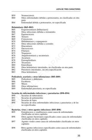 LISTA DE TRES CARACTERES
B59 Neumocistosis
B60 Otras enfermedades debidas a protozoarios, no clasificadas en otra
parte
B64 Enfermedad debida a protozoarios, no especificada
Helmintiasis (B65–B83)
B65 Esquistosomiasis [bilharziasis]
B66 Otras infecciones debidas a trematodos
B67 Equinococosis
B68 Teniasis
B69 Cisticercosis
B70 Difilobotriasis y esparganosis
B71 Otras infecciones debidas a cestodos
B72 Dracontiasis
B73 Oncocercosis
B74 Filariasis
B75 Triquinosis
B76 Anquilostomiasis y necatoriasis
B77 Ascariasis
B78 Estrongiloidiasis
B79 Tricuriasis
B80 Enterobiasis
B81 Otras helmintiasis intestinales, no clasificadas en otra parte
B82 Parasitosis intestinales, sin otra especificación
B83 Otras helmintiasis
Pediculosis, acariasis y otras infestaciones (B85–B89)
B85 Pediculosis y phthiriasis
B86 Escabiosis
B87 Miasis
B88 Otras infestaciones
B89 Enfermedad parasitaria, no especificada
Secuelas de enfermedades infecciosas y parasitarias (B90–B94)
B90 Secuelas de tuberculosis
B91 Secuelas de poliomielitis
B92 Secuelas de lepra
B94 Secuelas de otras enfermedades infecciosas y parasitarias y de las
no especificadas
Bacterias, virus y otros agentes infecciosos (B95–B98)
B95 Estreptococos y estafilococos como causa de enfermedades
clasificadas en otros capítulos
B96 Otros agentes bacterianos especificados como causa de enfermedades
clasificadas en otros capítulos
B97 Agentes virales como causa de enfermedades clasificadas en otros
capítulos
B98 Otros agentes infecciosos especificados como causa de enfermedades
clasificadas en otros capitulos
35
M
A
T
E
R
I
A
L
D
E
C
A
P
A
C
I
T
A
C
I
Ó
N
 