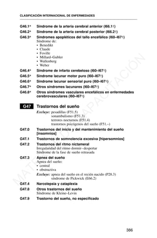 G46.1* Síndrome de la arteria cerebral anterior (I66.1†)
G46.2* Síndrome de la arteria cerebral posterior (I66.2†)
G46.3* Síndromes apopléticos del tallo encefálico (I60–I67†)
Síndrome de:
• Benedikt
• Claude
• Foville
• Millard–Gubler
• Wallenberg
• Weber
G46.4* Síndrome de infarto cerebeloso (I60–I67†)
G46.5* Síndrome lacunar motor puro (I60–I67†)
G46.6* Síndrome lacunar sensorial puro (I60–I67†)
G46.7* Otros síndromes lacunares (I60–I67†)
G46.8* Otros síndromes vasculares encefálicos en enfermedades
cerebrovasculares (I60–I67†)
G47 Trastornos del sueño
Excluye: pesadillas (F51.5)
sonambulismo (F51.3)
terrores nocturnos (F51.4)
trastornos psicógenos del sueño (F51.–)
G47.0 Trastornos del inicio y del mantenimiento del sueño
[insomnios]
G47.1 Trastornos de somnolencia excesiva [hipersomnios]
G47.2 Trastornos del ritmo nictameral
Irregularidad del ritmo dormir–despertar
Síndrome de la fase de sueño retrasada
G47.3 Apnea del sueño
Apnea del sueño:
• central
• obstructiva
Excluye: apnea del sueño en el recién nacido (P28.3)
síndrome de Pickwick (E66.2)
G47.4 Narcolepsia y cataplexia
G47.8 Otros trastornos del sueño
Síndrome de Kleine–Levin
G47.9 Trastorno del sueño, no especificado
CLASIFICACIÓN INTERNACIONAL DE ENFERMEDADES
386
M
A
T
E
R
I
A
L
D
E
C
A
P
A
C
I
T
A
C
I
Ó
N
 