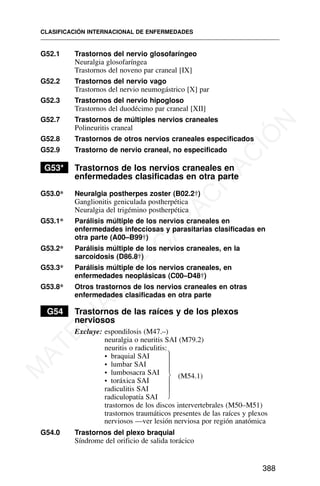 G52.1 Trastornos del nervio glosofaríngeo
Neuralgia glosofaríngea
Trastornos del noveno par craneal [IX]
G52.2 Trastornos del nervio vago
Trastornos del nervio neumogástrico [X] par
G52.3 Trastornos del nervio hipogloso
Trastornos del duodécimo par craneal [XII]
G52.7 Trastornos de múltiples nervios craneales
Polineuritis craneal
G52.8 Trastornos de otros nervios craneales especificados
G52.9 Trastorno de nervio craneal, no especificado
G53* Trastornos de los nervios craneales en
enfermedades clasificadas en otra parte
G53.0* Neuralgia postherpes zoster (B02.2†)
Ganglionitis geniculada postherpética
Neuralgia del trigémino postherpética
G53.1* Parálisis múltiple de los nervios craneales en
enfermedades infecciosas y parasitarias clasificadas en
otra parte (A00–B99†)
G53.2* Parálisis múltiple de los nervios craneales, en la
sarcoidosis (D86.8†)
G53.3* Parálisis múltiple de los nervios craneales, en
enfermedades neoplásicas (C00–D48†)
G53.8* Otros trastornos de los nervios craneales en otras
enfermedades clasificadas en otra parte
G54 Trastornos de las raíces y de los plexos
nerviosos
Excluye: espondilosis (M47.–)
neuralgia o neuritis SAI (M79.2)
neuritis o radiculitis:
• braquial SAI
• lumbar SAI
• lumbosacra SAI (M54.1)
• toráxica SAI
radiculitis SAI
radiculopatía SAI
trastornos de los discos intervertebrales (M50–M51)
trastornos traumáticos presentes de las raíces y plexos
nerviosos —ver lesión nerviosa por región anatómica
G54.0 Trastornos del plexo braquial
Síndrome del orificio de salida torácico
CLASIFICACIÓN INTERNACIONAL DE ENFERMEDADES
388
⎫
⎪
⎪
⎪
⎬
⎪
⎪
⎪
⎭
M
A
T
E
R
I
A
L
D
E
C
A
P
A
C
I
T
A
C
I
Ó
N
 