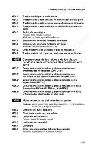 G54.1 Trastornos del plexo lumbosacro
G54.2 Trastornos de la raíz cervical, no clasificados en otra parte
G54.3 Trastornos de la raíz torácica, no clasificados en otra parte
G54.4 Trastornos de la raíz lumbosacra, no clasificados en otra
parte
G54.5 Amiotrofia neurálgica
Neuritis de la cintura escapular
Síndrome de Parsonage–Aldren–Turner
G54.6 Síndrome del miembro fantasma con dolor
G54.7 Síndrome del miembro fantasma sin dolor
Síndrome del miembro fantasma SAI
G54.8 Otros trastornos de las raíces y plexos nerviosos
G54.9 Trastorno de la raíz y plexos nerviosos, no especificado
G55* Compresiones de las raíces y de los plexos
nerviosos en enfermedades clasificadas en otra
parte
G55.0* Compresiones de las raíces y plexos nerviosos en
enfermedades neoplásicas (C00–D48†)
G55.1* Compresiones de las raíces y plexos nerviosos en
trastornos de los discos intervertebrales (M50–M51†)
G55.2* Compresiones de las raíces y plexos nerviosos en la
espondilosis (M47.–†)
G55.3* Compresiones de las raíces y plexos nerviosos en otras
dorsopatías (M45–M46†, M48.–†, M53–M54†)
G55.8* Compresiones de las raíces y plexos nerviosos en otras
enfermedades clasificadas en otra parte
G56 Mononeuropatías del miembro superior
Excluye: trastorno nervioso traumático presente —ver traumatismo
de nervios por región anatómica
G56.0 Síndrome del túnel carpiano
G56.1 Otras lesiones del nervio mediano
G56.2 Lesión del nervio cubital
Parálisis tardía del nervio cubital
G56.3 Lesión del nervio radial
G56.4 Causalgia
G56.8 Otras mononeuropatías del miembro superior
Neuroma interdigital del miembro superior
ENFERMEDADES DEL SISTEMA NERVIOSO
389
M
A
T
E
R
I
A
L
D
E
C
A
P
A
C
I
T
A
C
I
Ó
N
 