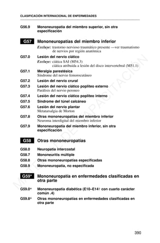 G56.9 Mononeuropatía del miembro superior, sin otra
especificación
G57 Mononeuropatías del miembro inferior
Excluye: trastorno nervioso traumático presente —ver traumatismo
de nervios por región anatómica
G57.0 Lesión del nervio ciático
Excluye: ciática SAI (M54.3)
ciática atribuida a lesión del disco intervertebral (M51.1)
G57.1 Meralgia parestésica
Síndrome del nervio femorocutáneo
G57.2 Lesión del nervio crural
G57.3 Lesión del nervio ciático poplíteo externo
Parálisis del nervio peroneo
G57.4 Lesión del nervio ciático poplíteo interno
G57.5 Síndrome del túnel calcáneo
G57.6 Lesión del nervio plantar
Metatarsalgia de Morton
G57.8 Otras mononeuropatías del miembro inferior
Neuroma interdigital del miembro inferior
G57.9 Mononeuropatía del miembro inferior, sin otra
especificación
G58 Otras mononeuropatías
G58.0 Neuropatía intercostal
G58.7 Mononeuritis múltiple
G58.8 Otras mononeuropatías especificadas
G58.9 Mononeuropatía, no especificada
G59* Mononeuropatía en enfermedades clasificadas en
otra parte
G59.0* Mononeuropatía diabética (E10–E14† con cuarto carácter
común .4)
G59.8* Otras mononeuropatías en enfermedades clasificadas en
otra parte
CLASIFICACIÓN INTERNACIONAL DE ENFERMEDADES
390
M
A
T
E
R
I
A
L
D
E
C
A
P
A
C
I
T
A
C
I
Ó
N
 