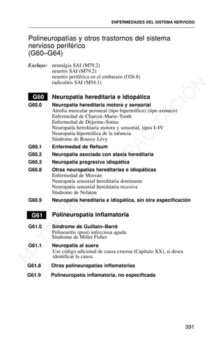 Polineuropatías y otros trastornos del sistema
nervioso periférico
(G60–G64)
Excluye: neuralgia SAI (M79.2)
neuritis SAI (M79.2)
neuritis periférica en el embarazo (O26.8)
radiculitis SAI (M54.1)
G60 Neuropatía hereditaria e idiopática
G60.0 Neuropatía hereditaria motora y sensorial
Atrofia muscular peroneal (tipo hipertrófico) (tipo axónico)
Enfermedad de Charcot–Marie–Tooth
Enfermedad de Déjerine–Sottas
Neuropatía hereditaria motora y sensorial, tipos I–IV
Neuropatía hipertrófica de la infancia
Síndrome de Roussy Lévy
G60.1 Enfermedad de Refsum
G60.2 Neuropatía asociada con ataxia hereditaria
G60.3 Neuropatía progresiva idiopática
G60.8 Otras neuropatías hereditarias e idiopáticas
Enfermedad de Morvan
Neuropatía sensorial hereditaria dominante
Neuropatía sensorial hereditaria recesiva
Síndrome de Nelaton
G60.9 Neuropatía hereditaria e idiopática, sin otra especificación
G61 Polineuropatía inflamatoria
G61.0 Síndrome de Guillain–Barré
Polineuritis (post) infecciosa aguda
G61.1 Neuropatía al suero
Use código adicional de causa externa (Capítulo XX), si desea
identificar la causa.
G61.8 Otras polineuropatías inflamatorias
G61.9 Polineuropatía inflamatoria, no especificada
ENFERMEDADES DEL SISTEMA NERVIOSO
391
Síndrome de Miller Fisher
M
A
T
E
R
I
A
L
D
E
C
A
P
A
C
I
T
A
C
I
Ó
N
 