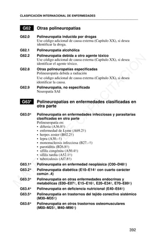 G62 Otras polineuropatías
G62.0 Polineuropatía inducida por drogas
Use código adicional de causa externa (Capítulo XX), si desea
identificar la droga.
G62.1 Polineuropatía alcohólica
G62.2 Polineuropatía debida a otro agente tóxico
Use código adicional de causa externa (Capítulo XX), si desea
identificar el agente tóxico.
G62.8 Otras polineuropatías especificadas
Polineuropatía debida a radiación
Use código adicional de causa externa (Capítulo XX), si desea
identificar la causa.
G62.9 Polineuropatía, no especificada
Neuropatía SAI
G63* Polineuropatías en enfermedades clasificadas en
otra parte
G63.0* Polineuropatía en enfermedades infecciosas y parasitarias
clasificadas en otra parte
Polineuropatía en:
• difteria (A36.8†)
• enfermedad de Lyme (A69.2†)
• herpes zoster (B02.2†)
• lepra (A30.–†)
• mononucleosis infecciosa (B27.–†)
• parotiditis (B26.8†)
• sífilis congénita (A50.4†)
• sífilis tardía (A52.1†)
• tuberculosis (Al7.8†)
G63.1* Polineuropatía en enfermedad neoplásica (C00–D48†)
G63.2* Polineuropatía diabética (E10–E14† con cuarto carácter
común .4)
G63.3* Polineuropatía en otras enfermedades endocrinas y
metabólicas (E00–E07†, E15–E16†, E20–E34†, E70–E89†)
G63.4* Polineuropatía en deficiencia nutricional (E40–E64†)
G63.5* Polineuropatía en trastornos del tejido conectivo sistémico
(M30–M35†)
G63.6* Polineuropatía en otros trastornos osteomusculares
(M00–M25†, M40–M96†)
CLASIFICACIÓN INTERNACIONAL DE ENFERMEDADES
392
M
A
T
E
R
I
A
L
D
E
C
A
P
A
C
I
T
A
C
I
Ó
N
 