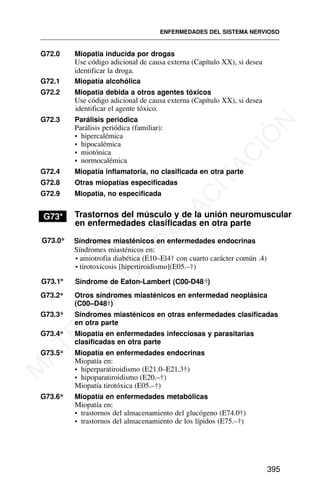 G72.0 Miopatía inducida por drogas
Use código adicional de causa externa (Capítulo XX), si desea
identificar la droga.
G72.1 Miopatía alcohólica
G72.2 Miopatía debida a otros agentes tóxicos
Use código adicional de causa externa (Capítulo XX), si desea
identificar el agente tóxico.
G72.3 Parálisis periódica
Parálisis periódica (familiar):
• hipercalémica
• hipocalémica
• miotónica
• normocalémica
G72.4 Miopatía inflamatoria, no clasificada en otra parte
G72.8 Otras miopatías especificadas
G72.9 Miopatía, no especificada
G73* Trastornos del músculo y de la unión neuromuscular
en enfermedades clasificadas en otra parte
G73.0* Síndromes miasténicos en enfermedades endocrinas
Síndromes miasténicos en:
• amiotrofia diabética (E10–El4† con cuarto carácter común .4)
• tirotoxicosis [hipertiroidismo](E05.–†)
G73.1* Síndrome de Eaton-Lambert (C00-D48 )
†
G73.2* Otros síndromes miasténicos en enfermedad neoplásica
(C00–D48†)
G73.3* Síndromes miasténicos en otras enfermedades clasificadas
en otra parte
G73.4* Miopatía en enfermedades infecciosas y parasitarias
clasificadas en otra parte
G73.5* Miopatía en enfermedades endocrinas
Miopatía en:
• hiperparatiroidismo (E21.0–E21.3†)
• hipoparatiroidismo (E20.–†)
Miopatía tirotóxica (E05.–†)
G73.6* Miopatía en enfermedades metabólicas
Miopatía en:
• trastornos del almacenamiento del glucógeno (E74.0†)
• trastornos del almacenamiento de los lípidos (E75.–†)
ENFERMEDADES DEL SISTEMA NERVIOSO
395
M
A
T
E
R
I
A
L
D
E
C
A
P
A
C
I
T
A
C
I
Ó
N
 