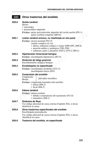 G93 Otros trastornos del encéfalo
G93.0 Quiste cerebral
Quiste:
• aracnoideo
• porencefálico adquirido
Excluye: quiste periventricular adquirido del recién nacido (P91.1)
quiste cerebral congénito (Q04.6)
G93.1 Lesión cerebral anóxica, no clasificada en otra parte
Excluye: anoxia neonatal (P21.9)
cuando complica (el, la):
• aborto, embarazo ectópico o molar (O00–O07, O08.8)
• atención médica y quirúrgica (T80–T88)
• embarazo, parto y puerperio (O29.2, O74.3, O89.2)
G93.2 Hipertensión intracraneal benigna
Excluye: encefalopatía hipertensiva (I67.4)
G93.3 Síndrome de fatiga postviral
Encefalomielitis miálgica benigna
G93.4 Encefalopatía no especificada
Excluye: encefalopatía alcohólica (G31.2)
encefalopatía tóxica (G92)
G93.5 Compresión del encéfalo
Compresión
(del tallo) encefálico
Hernia
Excluye: compresión traumática del encéfalo:
• difusa (S06.2)
• focal (S06.3)
G93.6 Edema cerebral
Excluye: edema cerebral:
• debido a traumatismo del nacimiento (P11.0)
• traumático (S06.1)
G93.7 Síndrome de Reye
Use código adicional de causa externa (Capítulo XX), si desea
identificar la causa.
G93.8 Otros trastornos especificados del encéfalo
Encefalopatía postradiación
Use código adicional de causa externa (Capítulo XX), si desea
identificar la causa.
G93.9 Trastorno del encéfalo, no especificado
ENFERMEDADES DEL SISTEMA NERVIOSO
399
⎫
⎬
⎭
M
A
T
E
R
I
A
L
D
E
C
A
P
A
C
I
T
A
C
I
Ó
N
 