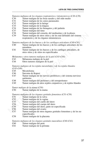 Tumores malignos de los órganos respiratorios e intratorácicos (C30–C39)
C30 Tumor maligno de las fosas nasales y del oído medio
C31 Tumor maligno de los senos paranasales
C32 Tumor maligno de la laringe
C33 Tumor maligno de la tráquea
C34 Tumor maligno de los bronquios y del pulmón
C37 Tumor maligno del timo
C38 Tumor maligno del corazón, del mediastino y de la pleura
C39 Tumor maligno de otros sitios y de los mal definidos del sistema
respiratorio y de los órganos intratorácicos
Tumores malignos de los huesos y de los cartílagos articulares (C40–C41)
C40 Tumor maligno de los huesos y de los cartílagos articulares de los
miembros
C41 Tumor maligno de los huesos y de los cartílagos articulares, de
otros sitios y de sitios no especificados
Melanoma y otros tumores malignos de la piel (C43–C44)
C43 Melanoma maligno de la piel
C44 Otros tumores malignos de la piel
Tumores malignos de los tejidos mesoteliales y de los tejidos blandos
(C45–C49)
C45 Mesotelioma
C46 Sarcoma de Kaposi
C47 Tumor maligno de los nervios periféricos y del sistema nervioso
autónomo
C48 Tumor maligno del peritoneo y del retroperitoneo
C49 Tumor maligno de otros tejidos conjuntivos y de tejidos blandos
Tumor maligno de la mama (C50)
C50 Tumor maligno de la mama
Tumores malignos de los órganos genitales femeninos (C51–C58)
C51 Tumor maligno de la vulva
C52 Tumor maligno de la vagina
C53 Tumor maligno del cuello del útero
C54 Tumor maligno del cuerpo del útero
C55 Tumor maligno del útero, parte no especificada
C56 Tumor maligno del ovario
C57 Tumor maligno de otros órganos genitales femeninos y de los no
especificados
C58 Tumor maligno de la placenta
Tumores malignos de los órganos genitales masculinos (C60–C63)
C60 Tumor maligno del pene
C61 Tumor maligno de la próstata
LISTA DE TRES CARACTERES
37
M
A
T
E
R
I
A
L
D
E
C
A
P
A
C
I
T
A
C
I
Ó
N
 