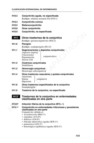 H10.3 Conjuntivitis aguda, no especificada
Excluye: oftalmía neonatal SAI (P39.1)
H10.4 Conjuntivitis crónica
H10.5 Blefaroconjuntivitis
H10.8 Otras conjuntivitis
H10.9 Conjuntivitis, no especificada
H11 Otros trastornos de la conjuntiva
Excluye: queratoconjuntivitis (H16.2)
H11.0 Pterigión
Excluye: seudopterigión (H11.8)
H11.1 Degeneraciones y depósitos conjuntivales
Argirosis [argiria]
Concreciones
conjuntival(es)
Pigmentación
Xerosis SAI
H11.2 Cicatrices conjuntivales
Simbléfaron
H11.3 Hemorragia conjuntival
Hemorragia subconjuntival
H11.4 Otros trastornos vasculares y quistes conjuntivales
Aneurisma
Edema conjuntival
Hiperemia
H11.8 Otros trastornos especificados de la conjuntiva
Seudopterigión
H11.9 Trastorno de la conjuntiva, no especificado
H13* Trastornos de la conjuntiva en enfermedades
clasificadas en otra parte
H13.0* Infección filárica de la conjuntiva (B74.–†)
H13.1* Conjuntivitis en enfermedades infecciosas y parasitarias
clasificadas en otra parte
Conjuntivitis (debida a):
• Acanthamoeba (B60.1†)
• clamidias (A74.0†)
• diftérica (A36.8†)
• folicular adenovírica (aguda) (B30.1†)
• gonocócica (A54.3†)
• hemorrágica (epidémica) (aguda) (B30.3†)
CLASIFICACIÓN INTERNACIONAL DE ENFERMEDADES
408
⎫
⎪
⎬
⎪
⎭
⎫
⎪
⎬
⎪
⎭
M
A
T
E
R
I
A
L
D
E
C
A
P
A
C
I
T
A
C
I
Ó
N
 
