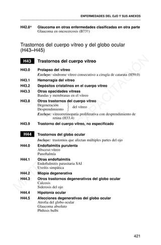 H42.8* Glaucoma en otras enfermedades clasificadas en otra parte
Glaucoma en oncocercosis (B73†)
Trastornos del cuerpo vítreo y del globo ocular
(H43–H45)
H43 Trastornos del cuerpo vítreo
H43.0 Prolapso del vítreo
Excluye: síndrome vítreo consecutivo a cirugía de catarata (H59.0)
H43.1 Hemorragia del vítreo
H43.2 Depósitos cristalinos en el cuerpo vítreo
H43.3 Otras opacidades vítreas
Bandas y membranas en el vítreo
H43.8 Otros trastornos del cuerpo vítreo
Degeneración del vítreo
Desprendimiento
Excluye: vitreorretinopatía proliferativa con desprendimiento de
retina (H33.4)
H43.9 Trastorno del cuerpo vítreo, no especificado
H44 Trastornos del globo ocular
Incluye: trastornos que afectan múltiples partes del ojo
H44.0 Endoftalmitis purulenta
Absceso vítreo
Panoftalmía
H44.1 Otras endoftalmitis
Endoftalmitis parasitaria SAI
Uveítis simpática
H44.2 Miopía degenerativa
H44.3 Otros trastornos degenerativos del globo ocular
Calcosis
Siderosis del ojo
H44.4 Hipotonía ocular
H44.5 Afecciones degenerativas del globo ocular
Atrofia del globo ocular
Glaucoma absoluto
Phthisis bulbi
ENFERMEDADES DEL OJO Y SUS ANEXOS
421
⎫
⎬
⎭
M
A
T
E
R
I
A
L
D
E
C
A
P
A
C
I
T
A
C
I
Ó
N
 