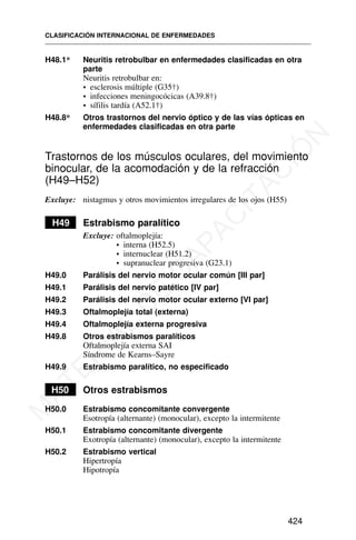 H48.1* Neuritis retrobulbar en enfermedades clasificadas en otra
parte
Neuritis retrobulbar en:
• esclerosis múltiple (G35†)
• infecciones meningocócicas (A39.8†)
• sífilis tardía (A52.1†)
H48.8* Otros trastornos del nervio óptico y de las vías ópticas en
enfermedades clasificadas en otra parte
Trastornos de los músculos oculares, del movimiento
binocular, de la acomodación y de la refracción
(H49–H52)
Excluye: nistagmus y otros movimientos irregulares de los ojos (H55)
H49 Estrabismo paralítico
Excluye: oftalmoplejía:
• interna (H52.5)
• internuclear (H51.2)
• supranuclear progresiva (G23.1)
H49.0 Parálisis del nervio motor ocular común [III par]
H49.1 Parálisis del nervio patético [IV par]
H49.2 Parálisis del nervio motor ocular externo [VI par]
H49.3 Oftalmoplejía total (externa)
H49.4 Oftalmoplejía externa progresiva
H49.8 Otros estrabismos paralíticos
Oftalmoplejía externa SAI
Síndrome de Kearns–Sayre
H49.9 Estrabismo paralítico, no especificado
H50 Otros estrabismos
H50.0 Estrabismo concomitante convergente
Esotropía (alternante) (monocular), excepto la intermitente
H50.1 Estrabismo concomitante divergente
Exotropía (alternante) (monocular), excepto la intermitente
H50.2 Estrabismo vertical
Hipertropía
Hipotropía
CLASIFICACIÓN INTERNACIONAL DE ENFERMEDADES
424
M
A
T
E
R
I
A
L
D
E
C
A
P
A
C
I
T
A
C
I
Ó
N
 