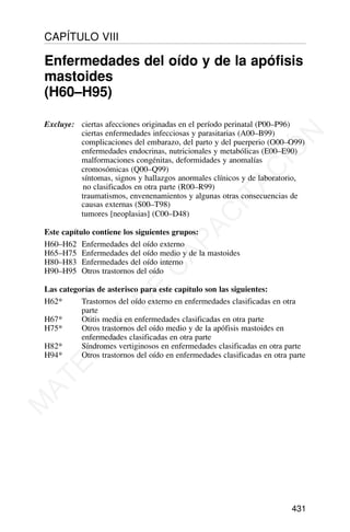 Excluye: ciertas afecciones originadas en el período perinatal (P00–P96)
ciertas enfermedades infecciosas y parasitarias (A00–B99)
complicaciones del embarazo, del parto y del puerperio (O00–O99)
enfermedades endocrinas, nutricionales y metabólicas (E00–E90)
malformaciones congénitas, deformidades y anomalías
cromosómicas (Q00–Q99)
síntomas, signos y hallazgos anormales clínicos y de laboratorio,
no clasificados en otra parte (R00–R99)
traumatismos, envenenamientos y algunas otras consecuencias de
causas externas (S00–T98)
tumores [neoplasias] (C00–D48)
Este capítulo contiene los siguientes grupos:
H60–H62 Enfermedades del oído externo
H65–H75 Enfermedades del oído medio y de la mastoides
H80–H83 Enfermedades del oído interno
H90–H95 Otros trastornos del oído
Las categorías de asterisco para este capítulo son las siguientes:
H62* Trastornos del oído externo en enfermedades clasificadas en otra
parte
H67* Otitis media en enfermedades clasificadas en otra parte
H75* Otros trastornos del oído medio y de la apófisis mastoides en
enfermedades clasificadas en otra parte
H82* Síndromes vertiginosos en enfermedades clasificadas en otra parte
H94* Otros trastornos del oído en enfermedades clasificadas en otra parte
431
CAPÍTULO VIII
Enfermedades del oído y de la apófisis
mastoides
(H60–H95)
M
A
T
E
R
I
A
L
D
E
C
A
P
A
C
I
T
A
C
I
Ó
N
 