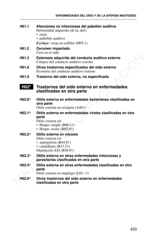 H61.1 Afecciones no infecciosas del pabellón auditivo
Deformidad adquirida (de la, del):
• oreja
• pabellón auditivo
Excluye: oreja en coliflor (M95.1)
H61.2 Cerumen impactado
Cera en el oído
H61.3 Estenosis adquirida del conducto auditivo externo
Colapso del conducto auditivo externo
H61.8 Otros trastornos especificados del oído externo
Exostosis del conducto auditivo externo
H61.9 Trastorno del oído externo, no especificado
H62* Trastornos del oído externo en enfermedades
clasificadas en otra parte
H62.0* Otitis externa en enfermedades bacterianas clasificadas en
otra parte
Otitis externa en erisipela (A46†)
H62.1* Otitis externa en enfermedades virales clasificadas en otra
parte
Otitis externa en:
• Herpes simple (B00.1†)
• Herpes zoster (B02.8†)
H62.2* Otitis externa en micosis
Otitis externa en:
• aspergilosis (B44.8†)
• candidiasis (B37.2†)
Otomicosis SAI (B36.9†)
H62.3* Otitis externa en otras enfermedades infecciosas y
parasitarias clasificadas en otra parte
H62.4* Otitis externa en otras enfermedades clasificadas en otra
parte
Otitis externa en impétigo (L01.–†)
H62.8* Otros trastornos del oído externo en enfermedades
clasificadas en otra parte
ENFERMEDADES DEL OÍDO Y DE LA APÓFISIS MASTOIDES
433
M
A
T
E
R
I
A
L
D
E
C
A
P
A
C
I
T
A
C
I
Ó
N
 