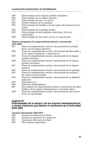 D29 Tumor benigno de los órganos genitales masculinos
D30 Tumor benigno de los órganos urinarios
D31 Tumor benigno del ojo y sus anexos
D32 Tumores benignos de las meninges
D33 Tumor benigno del encéfalo y de otras partes del sistema nervioso
central
D34 Tumor benigno de la glándula tiroides
D35 Tumor benigno de otras glándulas endocrinas y de las no
especificadas
D36 Tumor benigno de otros sitios y de los no especificados
Tumores [neoplasias] de comportamiento incierto o desconocido
(D37–D48)
D37 Tumor de comportamiento incierto o desconocido de la cavidad
bucal y de los órganos digestivos
D38 Tumor de comportamiento incierto o desconocido del oído medio y
de los órganos respiratorios e intratorácicos
D39 Tumor de comportamiento incierto o desconocido de los órganos
genitales femeninos
D40 Tumor de comportamiento incierto o desconocido de los órganos
genitales masculinos
D41 Tumor de comportamiento incierto o desconocido de los órganos
urinarios
D42 Tumor de comportamiento incierto o desconocido de las meninges
D43 Tumor de comportamiento incierto o desconocido del encéfalo y
del sistema nervioso central
D44 Tumor de comportamiento incierto o desconocido de las glándulas
endocrinas
D45 Policitemia vera
D46 Síndromes mielodisplásicos
D47 Otros tumores de comportamiento incierto o desconocido del tejido
linfático, de los órganos hematopoyéticos y de tejidos afines
D48 Tumor de comportamiento incierto o desconocido de otros sitios y
de los no especificados
Capítulo III
Enfermedades de la sangre y de los órganos hematopoyéticos,
y ciertos trastornos que afectan el mecanismo de la inmunidad
(D50–D89)
Anemias nutricionales (D50–D53)
D50 Anemias por deficiencia de hierro
D51 Anemia por deficiencia de vitamina B12
D52 Anemia por deficiencia de folatos
D53 Otras anemias nutricionales
CLASIFICACIÓN INTERNACIONAL DE ENFERMEDADES
40
M
A
T
E
R
I
A
L
D
E
C
A
P
A
C
I
T
A
C
I
Ó
N
 