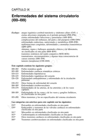 Excluye: ataque isquémico cerebral transitorio y síndromes afines (G45.–)
ciertas afecciones originadas en el período perinatal (P00–P96)
ciertas enfermedades infecciosas y parasitarias (A00–B99)
complicaciones del embarazo, del parto y del puerperio (O00–O99)
enfermedades endocrinas, nutricionales y metabólicas (E00–E90)
malformaciones congénitas, deformidades y anomalías cromosómicas
(Q00–Q99)
síntomas, signos y hallazgos anormales clínicos y de laboratorio,
no clasificados en otra parte (R00–R99)
trastornos sistémicos del tejido conjuntivo (M30–M36)
traumatismos, envenenamientos y algunas otras consecuencias de
causas externas (S00–T98)
tumores [neoplasias] (C00–D48)
Este capítulo contiene los siguientes grupos:
I00–I02 Fiebre reumática aguda
I05–I09 Enfermedades cardíacas reumáticas crónicas
I10–I15 Enfermedades hipertensivas
I20–I25 Enfermedades isquémicas del corazón
I26–I28 Enfermedad cardiopulmonar y enfermedades de la circulación
pulmonar
I30–I52 Otras formas de enfermedad del corazón
I60–I69 Enfermedades cerebrovasculares
I70–I79 Enfermedades de las arterias, de las arteriolas y de los vasos
capilares
I80–I89 Enfermedades de las venas y de los vasos y ganglios linfáticos,
no clasificadas en otra parte
I95–I99 Otros trastornos y los no especificados del sistema circulatorio
Las categorías con asterisco para este capítulo son las siguientes:
I32* Pericarditis en enfermedades clasificadas en otra parte
I39* Endocarditis y trastornos de las válvulas cardíacas en enfermedades
clasificadas en otra parte
I41* Miocarditis en enfermedades clasificadas en otra parte
I43* Cardiomiopatía en enfermedades clasificadas en otra parte
I52* Otros trastornos cardíacos en enfermedades clasificadas en otra parte
I68* Trastornos cerebrovasculares en enfermedades clasificadas en otra parte
443
CAPÍTULO IX
Enfermedades del sistema circulatorio
(I00–I99)
M
A
T
E
R
I
A
L
D
E
C
A
P
A
C
I
T
A
C
I
Ó
N
 