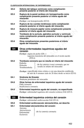 I23.3 Ruptura de la pared cardíaca sin hemopericardio como
complicación presente posterior al infarto agudo del
miocardio
Excluye: con hemopericardio (I23.0)
I23.4 Ruptura de las cuerdas tendinosas como complicación
presente posterior al infarto agudo del miocardio
I23.5 Ruptura de músculo papilar como complicación presente
posterior al infarto agudo del miocardio
I23.6 Trombosis de la aurícula, apéndice auricular y ventrículo
como complicación presente posterior al infarto agudo del
miocardio
I23.8 Otras complicaciones presentes posteriores al infarto
agudo del miocardio
I24 Otras enfermedades isquémicas agudas del
corazón
Excluye: angina de pecho (I20.–)
isquemia transitoria del miocardio en el recién nacido
(P29.4)
I24.0 Trombosis coronaria que no resulta en infarto del miocardio
Embolia
Oclusión
Tromboembolia
Excluye: especificada como crónica o con una duración establecida
de más de 4 semanas (más de 28 días) desde su inicio (I25.8)
I24.1 Síndrome de Dressler
Síndrome postinfarto del miocardio
I24.8 Otras formas de enfermedad isquémica aguda del corazón
Falla coronaria
Insuficiencia coronaria
I24.9 Enfermedad isquémica aguda del corazón, no especificada
Excluye: enfermedad isquémica del corazón (crónica) SAI (I25.9)
I25 Enfermedad isquémica crónica del corazón
Excluye: enfermedad cardiovascular SAI (I51.6)
I25.0 Enfermedad cardiovascular aterosclerótica, así descrita
I25.1 Enfermedad aterosclerótica del corazón
Ateroma
Aterosclerosis
(de la) (arteria) coronaria
Enfermedad
Esclerosis
CLASIFICACIÓN INTERNACIONAL DE ENFERMEDADES
452
(de la) (arteria) (vena) coronaria, que no
resulta en infarto del miocardio
⎫
⎪
⎬
⎪
⎭
⎫
⎪
⎬
⎪
⎭
I23.2 Defecto del tabique ventricular como complicación
presente posterior al infarto del miocardio
M
A
T
E
R
I
A
L
D
E
C
A
P
A
C
I
T
A
C
I
Ó
N
 
