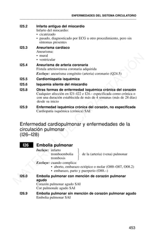 I25.2 Infarto antiguo del miocardio
Infarto del miocardio:
• cicatrizado
• pasado, diagnosticado por ECG u otro procedimiento, pero sin
síntomas presentes
I25.3 Aneurisma cardíaco
Aneurisma:
• mural
• ventricular
I25.4 Aneurisma de arteria coronaria
Fístula arteriovenosa coronaria adquirida
Excluye: aneurisma congénito (arteria) coronario (Q24.5)
I25.5 Cardiomiopatía isquémica
I25.6 Isquemia silente del miocardio
I25.8 Otras formas de enfermedad isquémica crónica del corazón
Cualquier afección en I21–I22 e I24.– especificada como crónica o
con una duración establecida de más de 4 semanas (más de 28 días)
desde su inicio
I25.9 Enfermedad isquémica crónica del corazón, no especificada
Cardiopatía isquémica (crónica) SAI
Enfermedad cardiopulmonar y enfermedades de la
circulación pulmonar
(I26–I28)
I26 Embolia pulmonar
Incluye: infarto
tromboembolia de la (arteria) (vena) pulmonar
trombosis
Excluye: cuando complica:
• aborto, embarazo ectópico o molar (O00–O07, O08.2)
• embarazo, parto y puerperio (O88.–)
I26.0 Embolia pulmonar con mención de corazón pulmonar
agudo
Corazón pulmonar agudo SAI
Cor pulmonale agudo SAI
I26.9 Embolia pulmonar sin mención de corazón pulmonar agudo
Embolia pulmonar SAI
ENFERMEDADES DEL SISTEMA CIRCULATORIO
453
⎫
⎪
⎬
⎪
⎭
M
A
T
E
R
I
A
L
D
E
C
A
P
A
C
I
T
A
C
I
Ó
N
 