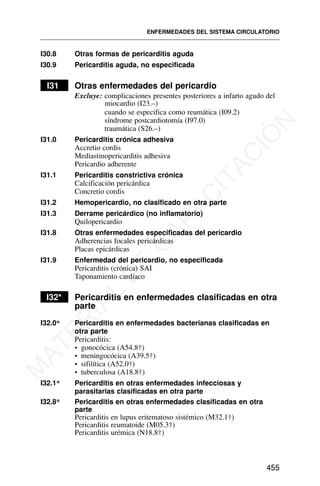 I30.8 Otras formas de pericarditis aguda
I30.9 Pericarditis aguda, no especificada
I31 Otras enfermedades del pericardio
Excluye: complicaciones presentes posteriores a infarto agudo del
miocardio (I23.–)
cuando se especifica como reumática (I09.2)
síndrome postcardiotomía (I97.0)
traumática (S26.–)
I31.0 Pericarditis crónica adhesiva
Accretio cordis
Mediastinopericarditis adhesiva
Pericardio adherente
I31.1 Pericarditis constrictiva crónica
Calcificación pericárdica
Concretio cordis
I31.2 Hemopericardio, no clasificado en otra parte
I31.3 Derrame pericárdico (no inflamatorio)
Quilopericardio
I31.8 Otras enfermedades especificadas del pericardio
Adherencias focales pericárdicas
Placas epicárdicas
I31.9 Enfermedad del pericardio, no especificada
Pericarditis (crónica) SAI
Taponamiento cardíaco
I32* Pericarditis en enfermedades clasificadas en otra
parte
I32.0* Pericarditis en enfermedades bacterianas clasificadas en
otra parte
Pericarditis:
• gonocócica (A54.8†)
• meningocócica (A39.5†)
• sifilítica (A52.0†)
• tuberculosa (A18.8†)
I32.1* Pericarditis en otras enfermedades infecciosas y
parasitarias clasificadas en otra parte
I32.8* Pericarditis en otras enfermedades clasificadas en otra
parte
Pericarditis en lupus eritematoso sistémico (M32.1†)
Pericarditis reumatoide (M05.3†)
Pericarditis urémica (N18.8†)
ENFERMEDADES DEL SISTEMA CIRCULATORIO
455
M
A
T
E
R
I
A
L
D
E
C
A
P
A
C
I
T
A
C
I
Ó
N
 