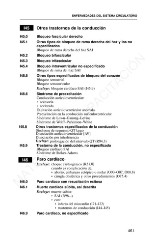 I45 Otros trastornos de la conducción
I45.0 Bloqueo fascicular derecho
I45.1 Otros tipos de bloqueo de rama derecha del haz y los no
especificados
Bloqueo de rama derecha del haz SAI
I45.2 Bloqueo bifascicular
I45.3 Bloqueo trifascicular
I45.4 Bloqueo intraventricular no especificado
Bloqueo de rama del haz SAI
I45.5 Otros tipos especificados de bloqueo del corazón
Bloqueo senoatrial
Bloqueo senoauricular
Excluye: bloqueo cardíaco SAI (I45.9)
I45.6 Síndrome de preexcitación
Conducción auriculoventricular:
• accesoria
• acelerada
Excitación auriculoventricular anómala
Preexcitación en la conducción auriculoventricular
Síndrome de Lown–Ganong–Levine
Síndrome de Wolff–Parkinson–White
I45.8 Otros trastornos especificados de la conducción
Síndrome de segmento QT largo
Disociación por interferencia
I45.9 Trastorno de la conducción, no especificado
Bloqueo cardíaco SAI
Síndrome de Stokes-Adams
I46 Paro cardíaco
Excluye: choque cardiogénico (R57.0)
cuando es complicación de:
• aborto, embarazo ectópico o molar (O00–O07, O08.8)
• cirugía obstétrica y otros procedimientos (O75.4)
I46.0 Paro cardíaco con resucitación exitosa
I46.1 Muerte cardíaca súbita, así descrita
Excluye: muerte súbita:
• SAI (R96.–)
• con:
• infarto del miocardio (I21–I22)
• trastornos de conducción (I44–I45)
I46.9 Paro cardíaco, no especificado
ENFERMEDADES DEL SISTEMA CIRCULATORIO
461
Disociación auriculoventricular [AV]
Excluye: prolongación del intervalo QT (R94.3)
M
A
T
E
R
I
A
L
D
E
C
A
P
A
C
I
T
A
C
I
Ó
N
 