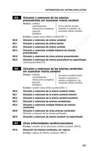 I65 Oclusión y estenosis de las arterias
precerebrales sin ocasionar infarto cerebral
Incluye: embolia
estrechamiento
obstrucción (completa)
(parcial)
trombosis
Excluye: cuando causa infarto cerebral (I63.–)
I65.0 Oclusión y estenosis de arteria vertebral
I65.1 Oclusión y estenosis de arteria basilar
I65.2 Oclusión y estenosis de arteria carótida
I65.3 Oclusión y estenosis múltiple bilateral de arterias
precerebrales
I65.8 Oclusión y estenosis de otras arterias precerebrales
I65.9 Oclusión y estenosis de arteria precerebral no especificada
Arteria precerebral SAI
I66 Oclusión y estenosis de las arterias cerebrales
sin ocasionar infarto cerebral
Incluye: embolia
estrechamiento
obstrucción (completa)
(parcial)
trombosis
Excluye: cuando causa infarto cerebral (I63.–)
I66.0 Oclusión y estenosis de la arteria cerebral media
I66.1 Oclusión y estenosis de la arteria cerebral anterior
I66.2 Oclusión y estenosis de la arteria cerebral posterior
I66.3 Oclusión y estenosis de arterias cerebelosas
I66.4 Oclusión y estenosis múltiple bilateral de arterias
cerebrales
I66.8 Oclusión y estenosis de otras arterias cerebrales
Oclusión y estenosis de las arterias perforantes
I66.9 Oclusión y estenosis de arteria cerebral no especificada
I67 Otras enfermedades cerebrovasculares
Excluye: secuelas de las afecciones cerebrovasculares (I69.8)
I67.0 Disección de arterias cerebrales, sin ruptura
Excluye: ruptura de arterias cerebrales (I60.7)
ENFERMEDADES DEL SISTEMA CIRCULATORIO
467
de las arterias basilar,
carótida o vertebral, sin
ocasionar infarto cerebral
⎫
⎪
⎪
⎬
⎪
⎪
⎭
de arteria cerebral media,
anterior o posterior, o
arterias cerebelosas, sin
ocasionar infarto cerebral
⎫
⎪
⎪
⎬
⎪
⎪
⎭
M
A
T
E
R
I
A
L
D
E
C
A
P
A
C
I
T
A
C
I
Ó
N
 
