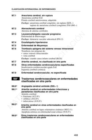 I67.1 Aneurisma cerebral, sin ruptura
Aneurisma cerebral SAI
Fístula cerebral arteriovenosa, adquirida
Excluye: aneurisma cerebral congénito, sin ruptura (Q28.–)
ruptura de aneurisma cerebral (congénito) SAI (I60.–)
I67.2 Aterosclerosis cerebral
Ateroma de arterias cerebrales
I67.3 Leucoencefalopatía vascular progresiva
Enfermedad de Binswanger
Excluye: demencia vascular subcortical (F01.2)
I67.4 Encefalopatía hipertensiva
I67.5 Enfermedad de Moyamoya
I67.6 Trombosis apiógena del sistema venoso intracraneal
Trombosis (no piógena) de:
• senos venosos intracraneales
• vena cerebral
Excluye: cuando causa infarto cerebral (I63.6)
I67.7 Arteritis cerebral, no clasificada en otra parte
I67.8 Otras enfermedades cerebrovasculares especificadas
Insuficiencia cerebrovascular aguda SAI
Isquemia cerebral (crónica)
I67.9 Enfermedad cerebrovascular, no especificada
I68* Trastornos cerebrovasculares en enfermedades
clasificadas en otra parte
I68.0* Angiopatía cerebral amiloide (E85.–†)
I68.1* Arteritis cerebral en enfermedades infecciosas y
parasitarias clasificadas en otra parte
Arteritis cerebral:
• listeriana (A32.8†)
• sifilítica (A52.0†)
• tuberculosa (A18.8†)
I68.2* Arteritis cerebral en otras enfermedades clasificadas en
otra parte
Arteritis cerebral en lupus eritematoso sistémico (M32.1†)
I68.8* Otros trastornos cerebrovasculares en enfermedades
clasificadas en otra parte
CLASIFICACIÓN INTERNACIONAL DE ENFERMEDADES
468
Apoplejía urémica en enfermedad renal crónica (N18.5†)
M
A
T
E
R
I
A
L
D
E
C
A
P
A
C
I
T
A
C
I
Ó
N
 