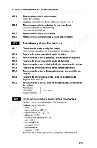 I70.1 Aterosclerosis de la arteria renal
Riñón de Goldblatt
Excluye: aterosclerosis de las arteriolas renales (I12.–)
I70.2 Aterosclerosis de las arterias de los miembros
Esclerosis (media) de Mönckeberg
Gangrena aterosclerótica
I70.8 Aterosclerosis de otras arterias
I70.9 Aterosclerosis generalizada y la no especificada
I71 Aneurisma y disección aórticos
I71.0 Disección de aorta (cualquier parte)
Disección de aneurisma de la aorta (roto) (cualquier parte)
I71.1 Ruptura de aneurisma de la aorta torácica
I71.2 Aneurisma de la aorta torácica, sin mención de ruptura
I71.3 Ruptura de aneurisma de la aorta abdominal
I71.4 Aneurisma de la aorta abdominal, sin mención de ruptura
I71.5 Ruptura de aneurisma de la aorta toracoabdominal
I71.6 Aneurisma de la aorta toracoabdominal, sin mención de
ruptura
I71.8 Ruptura de aneurisma aórtico, sitio no especificado
Ruptura de la aorta SAI
I71.9 Aneurisma de la aorta, sitio no especificado, sin mención
de ruptura
Aneurisma
Dilatación de la aorta
Necrosis hialina
I72 Otros aneurismas y aneurismas disecantes
Incluye: aneurisma (cirsoideo) (falso) (ruptura)
Excluye: aneurisma (de):
• aorta (I71.–)
• arteria pulmonar (I28.1)
• arteriovenoso SAI (Q27.3)
• adquirido (I77.0)
• cerebral (sin ruptura) (I67.1)
• roto (I60.–)
• corazón (I25.3)
• coronario (I25.4)
• retina (H35.0)
• varicoso (I77.0)
CLASIFICACIÓN INTERNACIONAL DE ENFERMEDADES
470
⎫
⎪
⎬
⎪
⎭
disección de la arteria precerebral, congénita (no rota) (Q28.1)
M
A
T
E
R
I
A
L
D
E
C
A
P
A
C
I
T
A
C
I
Ó
N
 