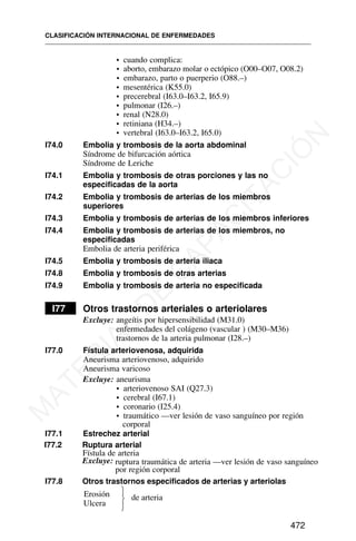 • cuando complica:
• aborto, embarazo molar o ectópico (O00–O07, O08.2)
• embarazo, parto o puerperio (O88.–)
• mesentérica (K55.0)
• precerebral (I63.0–I63.2, I65.9)
• pulmonar (I26.–)
• renal (N28.0)
• retiniana (H34.–)
• vertebral (I63.0–I63.2, I65.0)
I74.0 Embolia y trombosis de la aorta abdominal
Síndrome de bifurcación aórtica
Síndrome de Leriche
I74.1 Embolia y trombosis de otras porciones y las no
especificadas de la aorta
I74.2 Embolia y trombosis de arterias de los miembros
superiores
I74.3 Embolia y trombosis de arterias de los miembros inferiores
I74.4 Embolia y trombosis de arterias de los miembros, no
especificadas
Embolia de arteria periférica
I74.5 Embolia y trombosis de arteria iliaca
I74.8 Embolia y trombosis de otras arterias
I74.9 Embolia y trombosis de arteria no especificada
I77 Otros trastornos arteriales o arteriolares
Excluye: angeítis por hipersensibilidad (M31.0)
enfermedades del colágeno (vascular ) (M30–M36)
trastornos de la arteria pulmonar (I28.–)
I77.0 Fístula arteriovenosa, adquirida
Aneurisma arteriovenoso, adquirido
Aneurisma varicoso
Excluye: aneurisma
• arteriovenoso SAI (Q27.3)
• cerebral (I67.1)
• coronario (I25.4)
• traumático —ver lesión de vaso sanguíneo por región
corporal
I77.1 Estrechez arterial
I77.2 Ruptura arterial
Fístula de arteria
Excluye: ruptura traumática de arteria —ver lesión de vaso sanguíneo
por región corporal
CLASIFICACIÓN INTERNACIONAL DE ENFERMEDADES
472
I77.8 Otros trastornos especificados de arterias y arteriolas
Erosión
Ulcera ⎬
⎫
⎭
de arteria
M
A
T
E
R
I
A
L
D
E
C
A
P
A
C
I
T
A
C
I
Ó
N
 