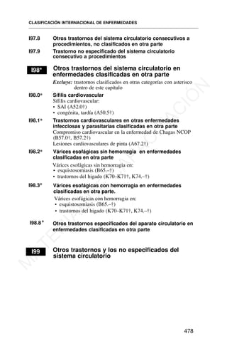 I97.8 Otros trastornos del sistema circulatorio consecutivos a
procedimientos, no clasificados en otra parte
I97.9 Trastorno no especificado del sistema circulatorio
consecutivo a procedimientos
I98* Otros trastornos del sistema circulatorio en
enfermedades clasificadas en otra parte
Excluye: trastornos clasificados en otras categorías con asterisco
dentro de este capítulo
I98.0* Sífilis cardiovascular
Sífilis cardiovascular:
• SAI (A52.0†)
• congénita, tardía (A50.5†)
I98.1* Trastornos cardiovasculares en otras enfermedades
infecciosas y parasitarias clasificadas en otra parte
Compromiso cardiovascular en la enfermedad de Chagas NCOP
(B57.0†, B57.2†)
Lesiones cardiovasculares de pinta (A67.2†)
I98.2* Várices esofágicas sin hemorragia en enfermedades
clasificadas en otra parte
Várices esofágicas sin hemorragia en:
• esquistosomiasis (B65.–†)
• trastornos del higado (K70–K71†, K74.–†)
I98.8* Otros trastornos especificados del aparato circulatorio en
enfermedades clasificadas en otra parte
I99 Otros trastornos y los no especificados del
sistema circulatorio
CLASIFICACIÓN INTERNACIONAL DE ENFERMEDADES
478
I98.3* Várices esofágicas con hemorragia en enfermedades
clasificadas en otra parte.
Várices esofágicas con hemorragia en:
• esquistosomiasis (B65.–†)
• trastornos del higado (K70–K71†, K74.–†)
M
A
T
E
R
I
A
L
D
E
C
A
P
A
C
I
T
A
C
I
Ó
N
 