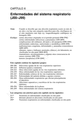 Nota: Cuando se describe que una afección respiratoria ocurre en más de
un sitio y no hay una categoría específica para ella, clasifíquese en
el sitio anatómico más bajo (ej.: traqueobronquitis codifíquese en
bronquitis J40).
Excluye: ciertas afecciones originadas en el período perinatal (P00–P96)
ciertas enfermedades infecciosas y parasitarias (A00–B99)
complicaciones del embarazo, del parto y del puerperio (O00–O99)
enfermedades endocrinas, nutricionales y metabólicas (E00–E90)
malformaciones congénitas, deformidades y anomalías cromosómicas
(Q00–Q99)
síntomas, signos y hallazgos anormales clínicos y de laboratorio, no
clasificados en otra parte (R00–R99)
traumatismos, envenenamientos y algunas otras consecuencias de
causas externas (S00–T98)
tumores [neoplasias] (C00–D48)
Este capítulo contiene los siguientes grupos:
J00–J06 Infecciones agudas de las vías respiratorias superiores
J09–J18 Influenza [gripe] y neumonía
J20–J22 Otras infecciones agudas de las vías respiratorias inferiores
J30–J39 Otras enfermedades de las vías respiratorias superiores
J40–J47 Enfermedades crónicas de las vías respiratorias inferiores
J60–J70 Enfermedades del pulmón debidas a agentes externos
J80–J84 Otras enfermedades respiratorias que afectan principalmente
el intersticio
J85–J86 Afecciones supurativas y necróticas de las vías respiratorias
inferiores
J90–J94 Otras enfermedades de la pleura
J95–J99 Otras enfermedades del sistema respiratorio
Las categorías con asterisco para este capítulo son las siguientes:
J17* Neumonía en enfermedades clasificadas en otra parte
J91* Derrame pleural en afecciones clasificadas en otra parte
J99* Trastornos respiratorios en enfermedades clasificadas en otra parte
479
CAPÍTULO X
Enfermedades del sistema respiratorio
(J00–J99)
M
A
T
E
R
I
A
L
D
E
C
A
P
A
C
I
T
A
C
I
Ó
N
 