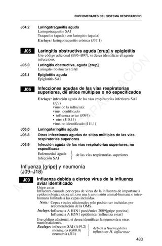 J04.2 Laringotraqueítis aguda
Laringotraqueítis SAI
Traqueítis (aguda) con laringitis (aguda)
Excluye: laringotraqueítis crónica (J37.1)
J05 Laringitis obstructiva aguda [crup] y epiglotitis
Use código adicional (B95–B97), si desea identificar el agente
infeccioso.
J05.0 Laringitis obstructiva, aguda [crup]
Laringitis obstructiva SAI
J05.1 Epiglotitis aguda
Epiglotitis SAI
J06 Infecciones agudas de las vías respiratorias
superiores, de sitios múltiples o no especificados
Excluye: infección aguda de las vías respiratorias inferiores SAI
(J22)
virus de la influenza:
virus identificado
• influenza aviar (J09†)
• otro (J10.1†)
virus no identificado (J11.1)
J06.0 Laringofaringitis aguda
J06.8 Otras infecciones agudas de sitios múltiples de las vías
respiratorias superiores
J06.9 Infección aguda de las vías respiratorias superiores, no
especificada
Enfermedad aguda
Infección SAI
de las vías respiratorias superiores
Influenza [gripe] y neumonía
(J09–J18)
J09 Influenza debida a ciertos virus de la influenza
aviar identificado
Gripe aviar
Influenza causada por cepas de virus de la influenza de importancia
epidemiologica especial, con una transmisión animal-humana o inter-
ENFERMEDADES DEL SISTEMA RESPIRATORIO
483
⎫
⎬
⎭
humana limitada a las cepas incluidas.
Nota: Cepas virales adicionales solo podrán ser incluidas por
recomendación de la OMS.
Incluye:Influencia A H1N1 pandémica 2009[gripe porcina]
Influencia A H5N1 epidémica [influenza aviar]
Use código adicional, si desea identificar la neumonía u otras
manifestaciones.
Excluye: infeccion SAI (A49.2)
meningitis (G00.0)
neumonía (J14)
⎫
⎬
⎭
debida a Haemophilus
influenzae H. influenzae
M
A
T
E
R
I
A
L
D
E
C
A
P
A
C
I
T
A
C
I
Ó
N
 