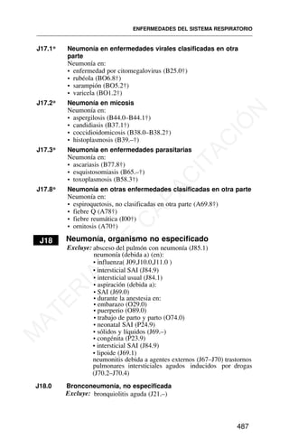 J17.1* Neumonía en enfermedades virales clasificadas en otra
parte
Neumonía en:
• enfermedad por citomegalovirus (B25.0†)
• rubéola (BO6.8†)
• sarampión (BO5.2†)
• varicela (BO1.2†)
J17.2* Neumonía en micosis
Neumonía en:
• aspergilosis (B44.0–B44.1†)
• candidiasis (B37.1†)
• coccidioidomicosis (B38.0–B38.2†)
• histoplasmosis (B39.–†)
J17.3* Neumonía en enfermedades parasitarias
Neumonía en:
• ascariasis (B77.8†)
• esquistosomiasis (B65.–†)
• toxoplasmosis (B58.3†)
J17.8* Neumonía en otras enfermedades clasificadas en otra parte
Neumonía en:
• espiroquetosis, no clasificadas en otra parte (A69.8†)
• fiebre Q (A78†)
• fiebre reumática (I00†)
• ornitosis (A70†)
J18 Neumonía, organismo no especificado
Excluye: absceso del pulmón con neumonía (J85.1)
neumonía (debida a) (en):
• aspiración (debida a):
• SAI (J69.0)
• durante la anestesia en:
• embarazo (O29.0)
• puerperio (O89.0)
• trabajo de parto y parto (O74.0)
• neonatal SAI (P24.9)
• sólidos y líquidos (J69.–)
• congénita (P23.9)
• intersticial SAI (J84.9)
• lipoide (J69.1)
neumonitis debida a agentes externos (J67–J70) trastornos
pulmonares intersticiales agudos inducidos por drogas
(J70.2–J70.4)
J18.0 Bronconeumonía, no especificada
Excluye: bronquiolitis aguda (J21.–)
ENFERMEDADES DEL SISTEMA RESPIRATORIO
487
• influenza( J09,J10.0,J11.0 )
• intersticial SAI (J84.9)
• intersticial usual (J84.1)
M
A
T
E
R
I
A
L
D
E
C
A
P
A
C
I
T
A
C
I
Ó
N
 