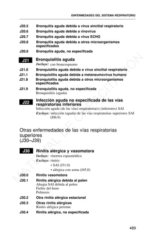 J20.5 Bronquitis aguda debida a virus sincitial respiratorio
J20.6 Bronquitis aguda debida a rinovirus
J20.7 Bronquitis aguda debida a virus ECHO
J20.8 Bronquitis aguda debida a otros microorganismos
especificados
J20.9 Bronquitis aguda, no especificada
J21 Bronquiolitis aguda
Incluye: con broncospasmo
J21.0 Bronquiolitis aguda debida a virus sincitial respiratorio
J21.8 Bronquiolitis aguda debida a otros microorganismos
especificados
J21.9 Bronquiolitis aguda, no especificada
Bronquiolitis (aguda)
J22
Infección aguda no especificada de las vías
respiratorias inferiores
Infección aguda (de las vías) respiratoria(s) (inferiores) SAI
Excluye: infección (aguda) de las vías respiratorias superiores SAI
(J06.9)
Otras enfermedades de las vías respiratorias
superiores
(J30–J39)
J30 Rinitis alérgica y vasomotora
Incluye: rinorrea espasmódica
Excluye: rinitis:
• SAI (J31.0)
• alérgica con asma (J45.0)
J30.0 Rinitis vasomotora
J30.1 Rinitis alérgica debida al polen
Alergia SAI debida al polen
Fiebre del heno
Polinosis
J30.2 Otra rinitis alérgica estacional
J30.3 Otras rinitis alérgicas
Rinitis alérgica perenne
J30.4 Rinitis alérgica, no especificada
ENFERMEDADES DEL SISTEMA RESPIRATORIO
489
J21.1 Bronquiolitis aguda debida a metaneumovirus humano
M
A
T
E
R
I
A
L
D
E
C
A
P
A
C
I
T
A
C
I
Ó
N
 