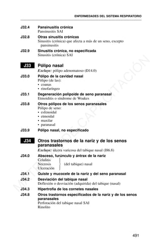 J32.4 Pansinusitis crónica
Pansinusitis SAI
J32.8 Otras sinusitis crónicas
Sinusitis (crónica) que afecta a más de un seno, excepto
pansinusitis
J32.9 Sinusitis crónica, no especificada
Sinusitis (crónica) SAI
J33 Pólipo nasal
Excluye: pólipo adenomatoso (D14.0)
J33.0 Pólipo de la cavidad nasal
Pólipo (de las):
• coanas
• rinofaríngeo
J33.1 Degeneración polipoide de seno paranasal
Etmoiditis o síndrome de Woakes
J33.8 Otros pólipos de los senos paranasales
Pólipo de seno:
• esfenoidal
• etmoidal
• maxilar
• paranasal
J33.9 Pólipo nasal, no especificado
J34 Otros trastornos de la nariz y de los senos
paranasales
Excluye: úlcera varicosa del tabique nasal (I86.8)
J34.0 Absceso, furúnculo y ántrax de la nariz
Celulitis
Necrosis (del tabique) nasal
Ulceración
J34.1 Quiste y mucocele de la nariz y del seno paranasal
J34.2 Desviación del tabique nasal
Deflexión o desviación (adquirida) del tabique (nasal)
J34.3 Hipertrofia de los cornetes nasales
J34.8 Otros trastornos especificados de la nariz y de los senos
paranasales
Perforación del tabique nasal SAI
Rinolito
ENFERMEDADES DEL SISTEMA RESPIRATORIO
491
⎫
⎪
⎬
⎪
⎭
M
A
T
E
R
I
A
L
D
E
C
A
P
A
C
I
T
A
C
I
Ó
N
 